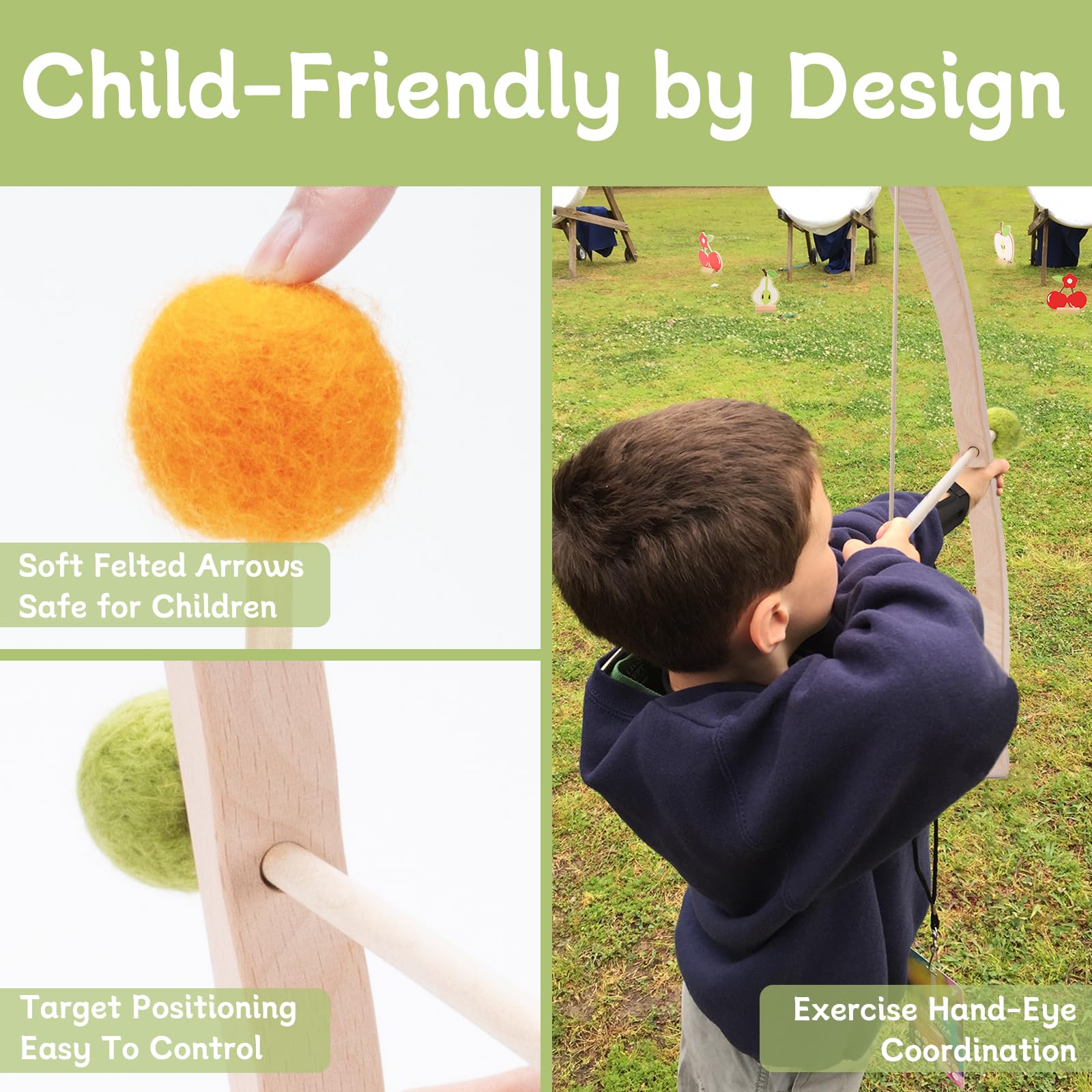 Safe Wooden Bow and Arrow Set for Kids Ages 3+ | Indoor & Outdoor Archery Toy with 5 Arrows, 5 Fruit Targets & Cotton Quiver | Perfect Birthday Gift for Boys & Girls | Fun Backyard Games & Pretend Play