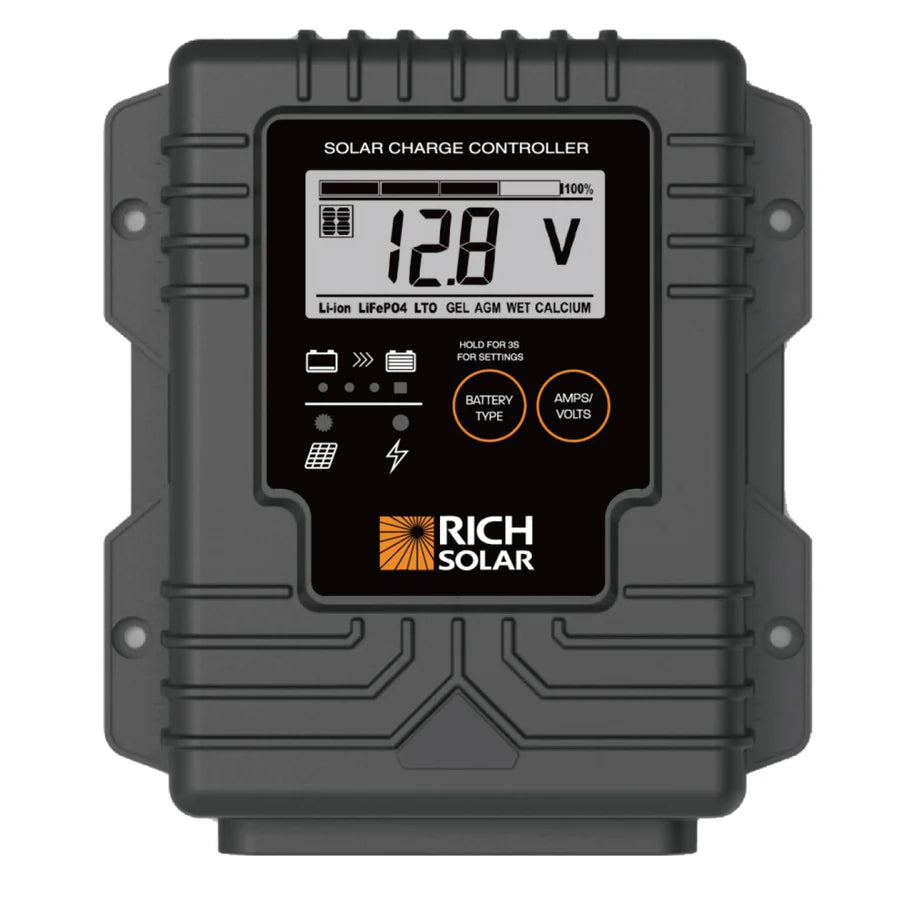 Rich Solar 10 Amp PWM Waterproof Solar Charge Controller - 12V/24V Auto, LCD Display for RV, Boat, Off-Grid Solar Panel System - Perfect for Camping, Marine & Home Solar Power