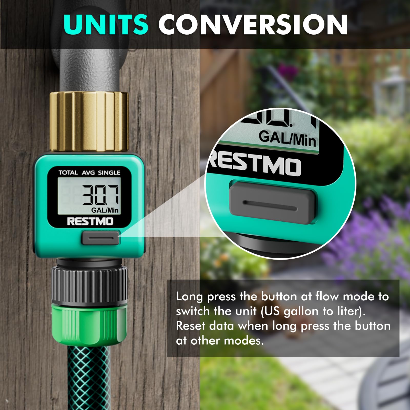 RESTMO Brass Water Flow Meter with Metal Thread - Accurate Gallon/Liter Measurement for Garden Hose, RV Tank & Lawn Sprinklers | Perfect for Outdoor Watering, Irrigation Systems & RV Water Management
