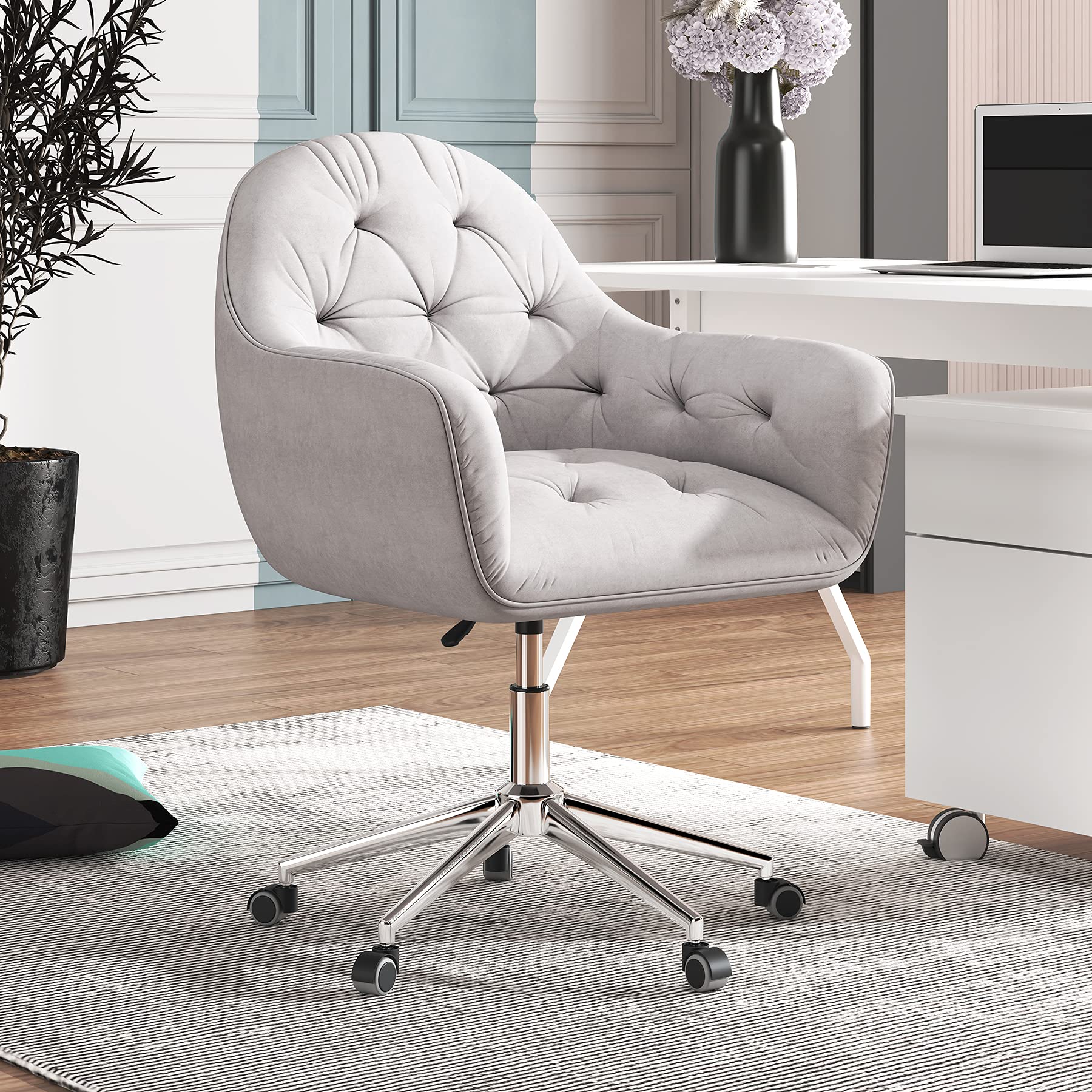 CAELUM Rolling Swivel Computer Desk Chair - Velvet Upholstered Ergonomic Office Chair for Home Office, Study, Bedroom, Gaming (Gray) | Perfect for Remote Work, Online Classes & Small Spaces