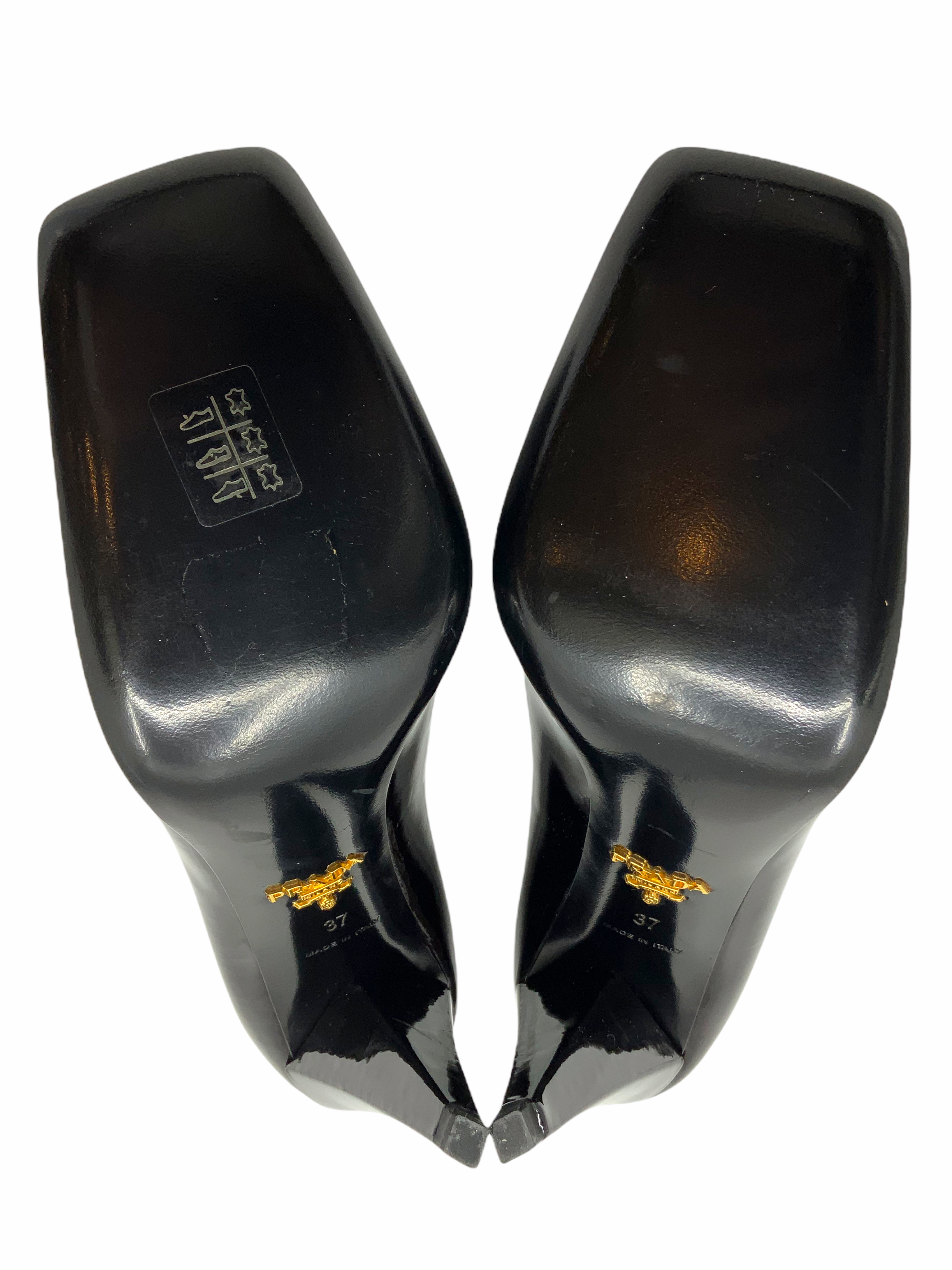 Prada Black Patent Leather Square Toe Pumps Women's Size 7 | Luxury High Heels for Office, Party & Special Occasions