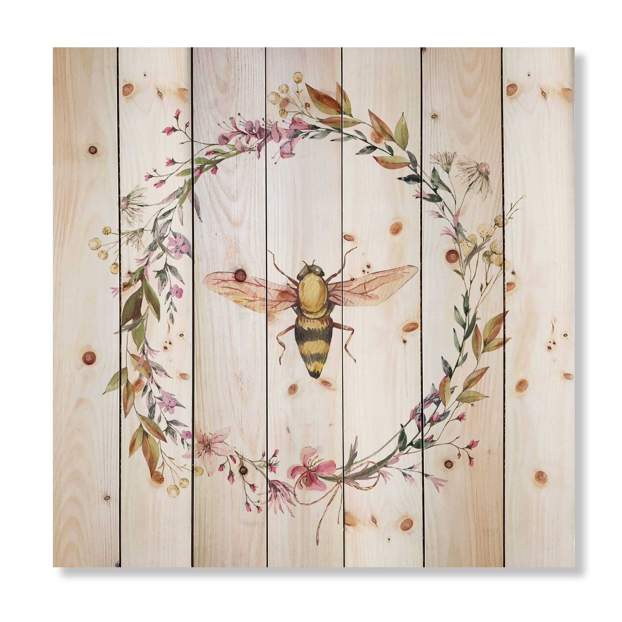 DesignQ Bee In Wildflowers Wreath Farmhouse Wood Wall Decor - White Wood Wall Art with Large Floral Print on Natural Pine - Perfect for Living Room, Bedroom & Home Office Decor