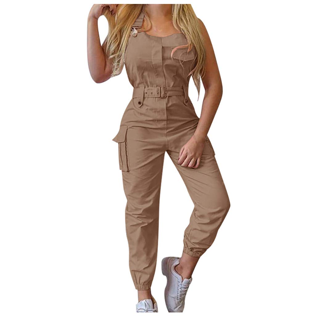 Women's Loose Fit Overalls with Cargo Pockets & Belt - Comfortable Dungarees Jumpsuit Pants for Work, Gardening & Casual Outfits