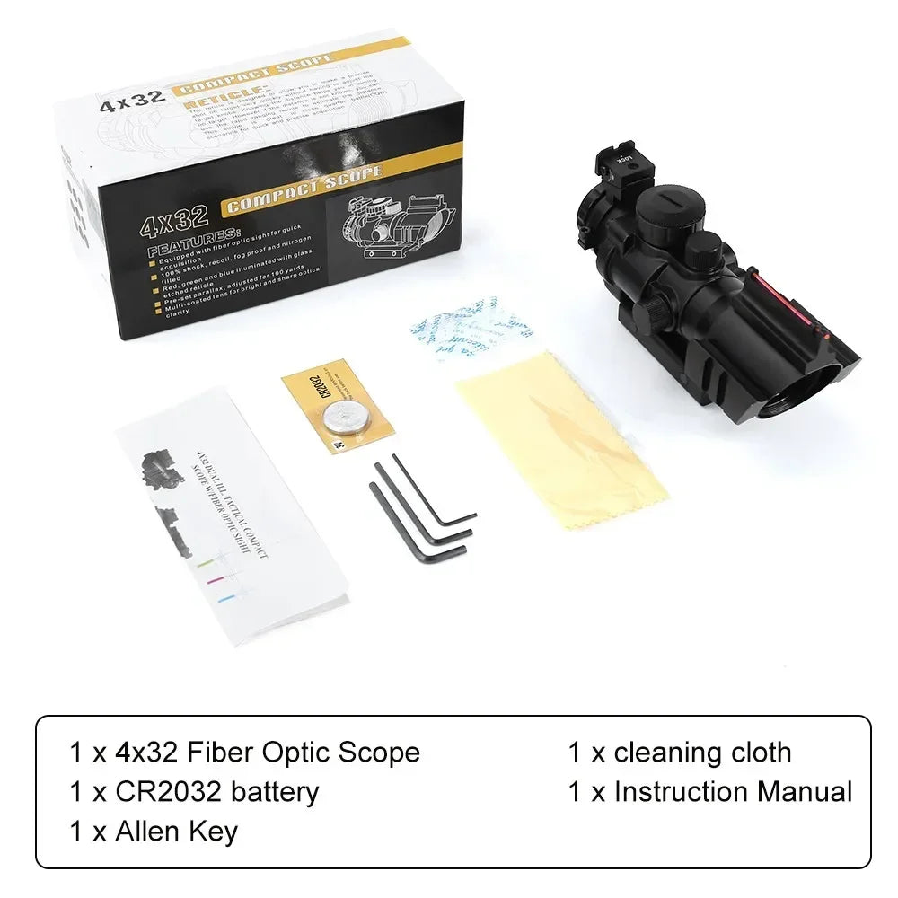 ACOG 4x32 Tactical Rifle Scope with Fiber Optic Iron Sights | 20mm Prism Optics for Hunting & Target Shooting | Durable Reflex Sight for AR-15, Sniper Rifles & Tactical Firearms | Ideal for Outdoor Adventures, Range Practice & Home Defense