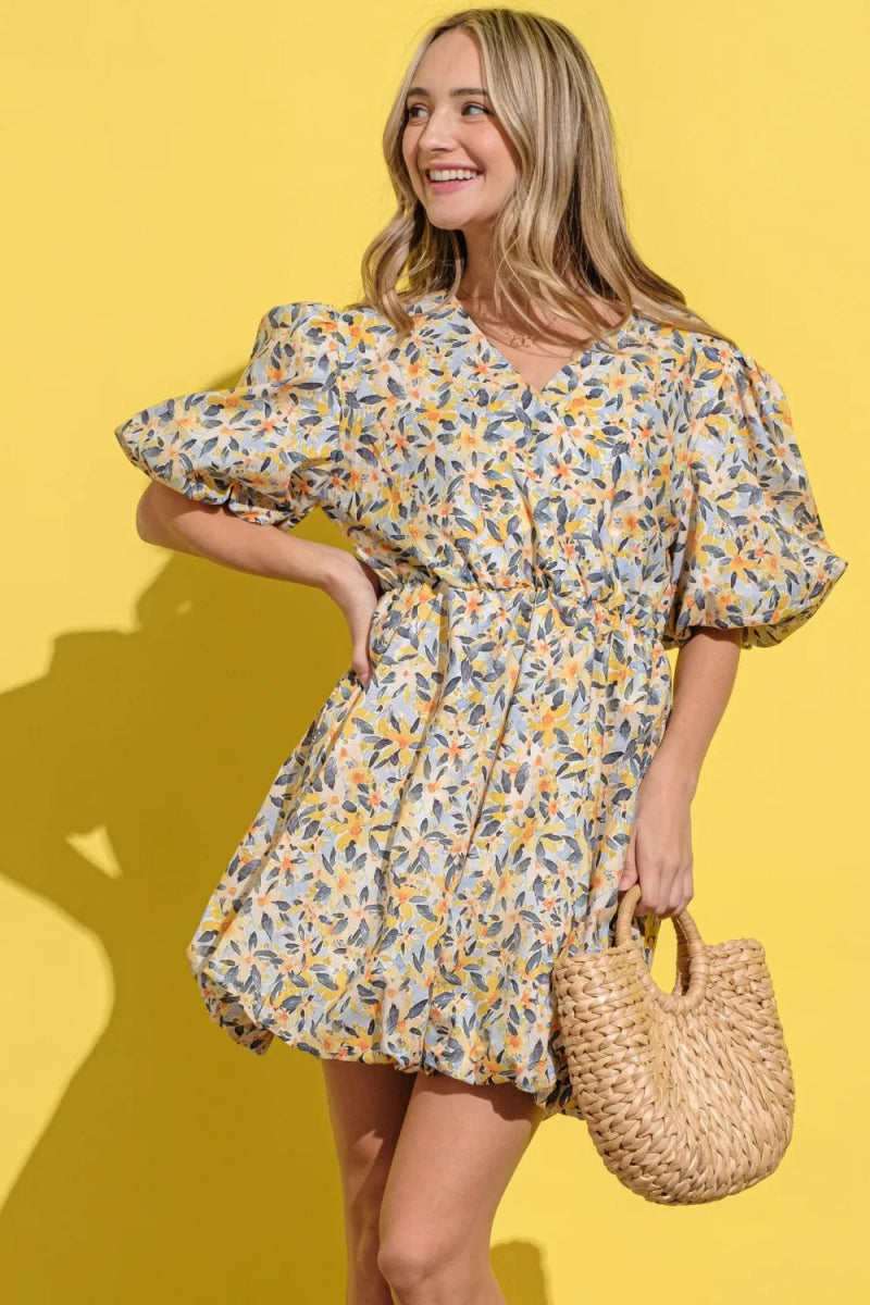 Full Size Floral Surplice Puff Sleeve Dress for Women - Elegant Summer Party & Wedding Guest Outfit