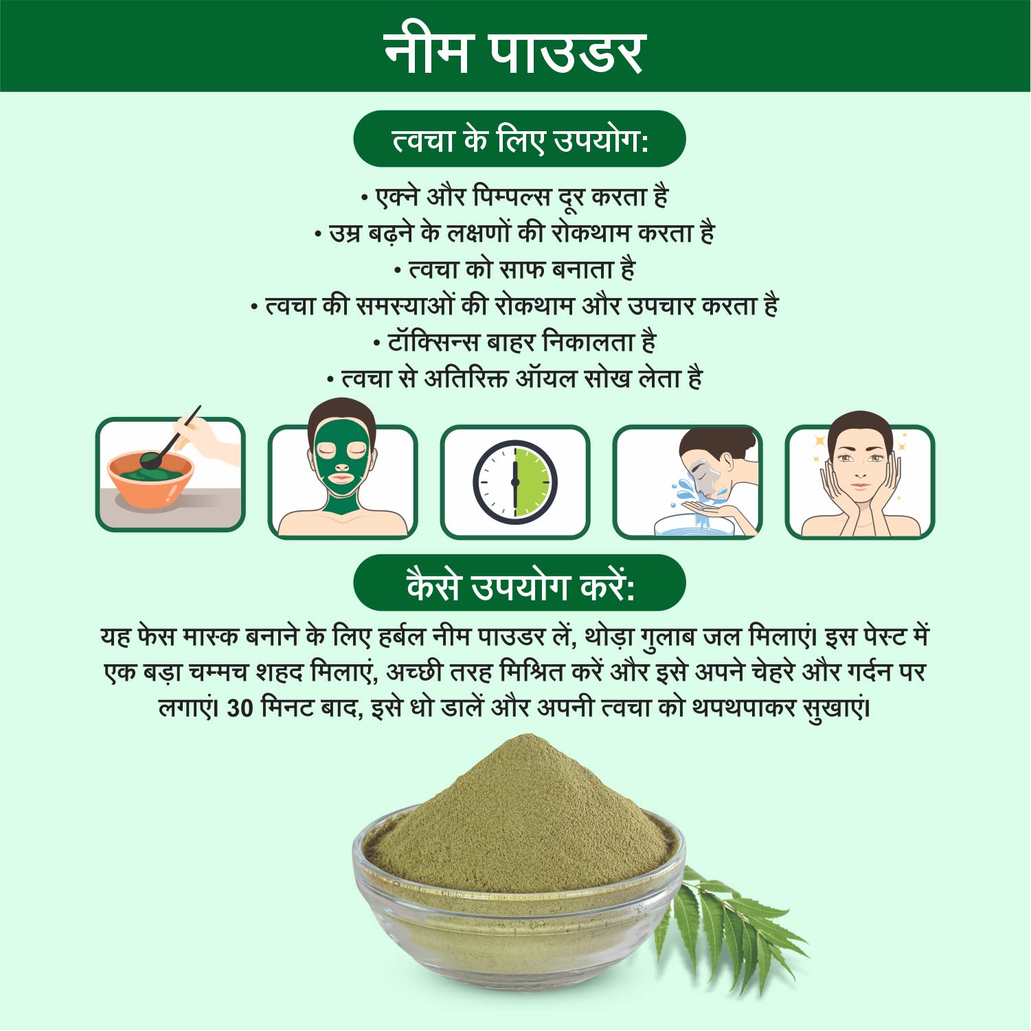Organic Neem Powder for Face & Hair Care - Chemical-Free, 150g (Pack of 2) - Promotes Pimple-Free Glowing Skin & Dense Silky Hair - Natural Ayurvedic Beauty Treatment for Acne, Dandruff & Scalp Health