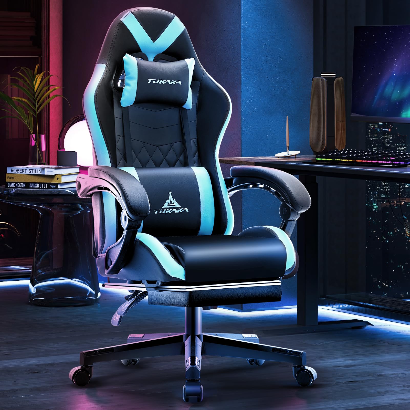 Ergonomic Gaming Chair with Massage & Footrest - Reclining Leather Office Desk Chair with Pocket Spring Cushion, Adjustable Headrest & Lumbar Support - Blue | Perfect for PC Gaming, Home Office & Streaming Setup