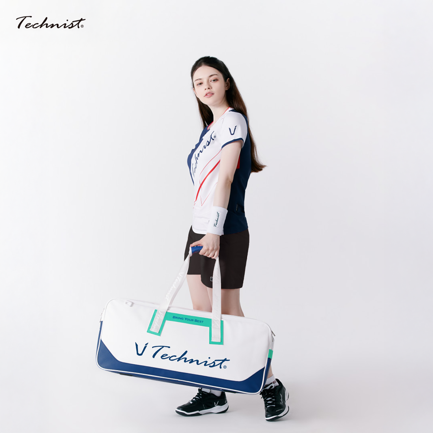 Technist TNB54119 Tennis Racket Bag - Durable Sports Racquet Holder for Tennis, Badminton, Squash - Lightweight & Water-Resistant (White/Navy/Green) - Perfect for Court, Gym & Travel