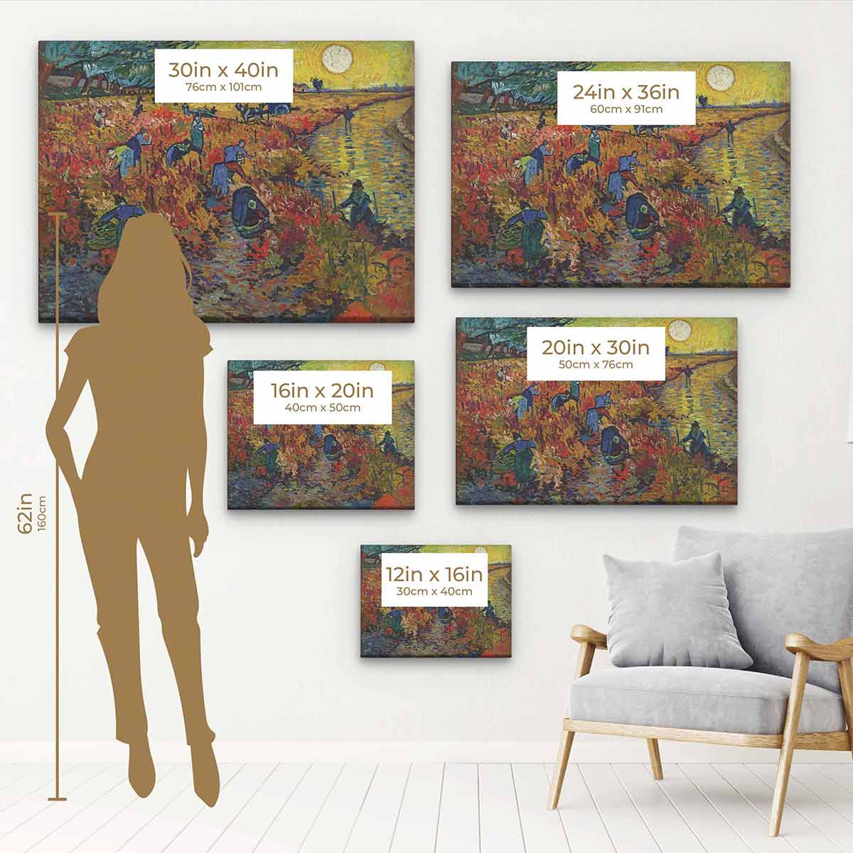 Orange Red Vineyard Wall Art Canvas 8586 - Hand Painted Modern Home Decor for Living Room, Bedroom & Office - Perfect for Wine Lovers & Rustic Interior Design