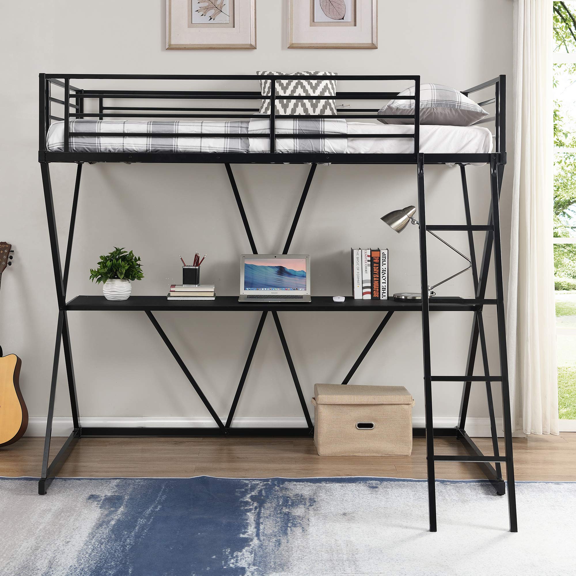 Black Twin Loft Bed with Desk & Ladder - Sturdy X-Shaped Frame & Full-Length Guardrails - Space-Saving Study & Sleep Solution for Kids & Teens