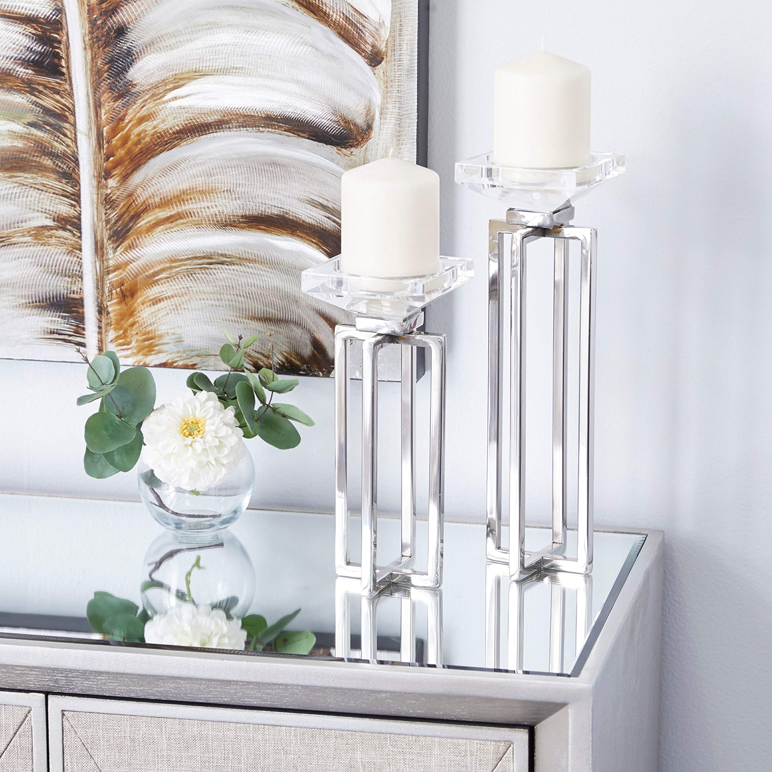 Modern Glass & Stainless Steel Candle Holders Set of 2 - Elegant Pillar Candle Stands for Home Decor, Wedding Centerpieces (4