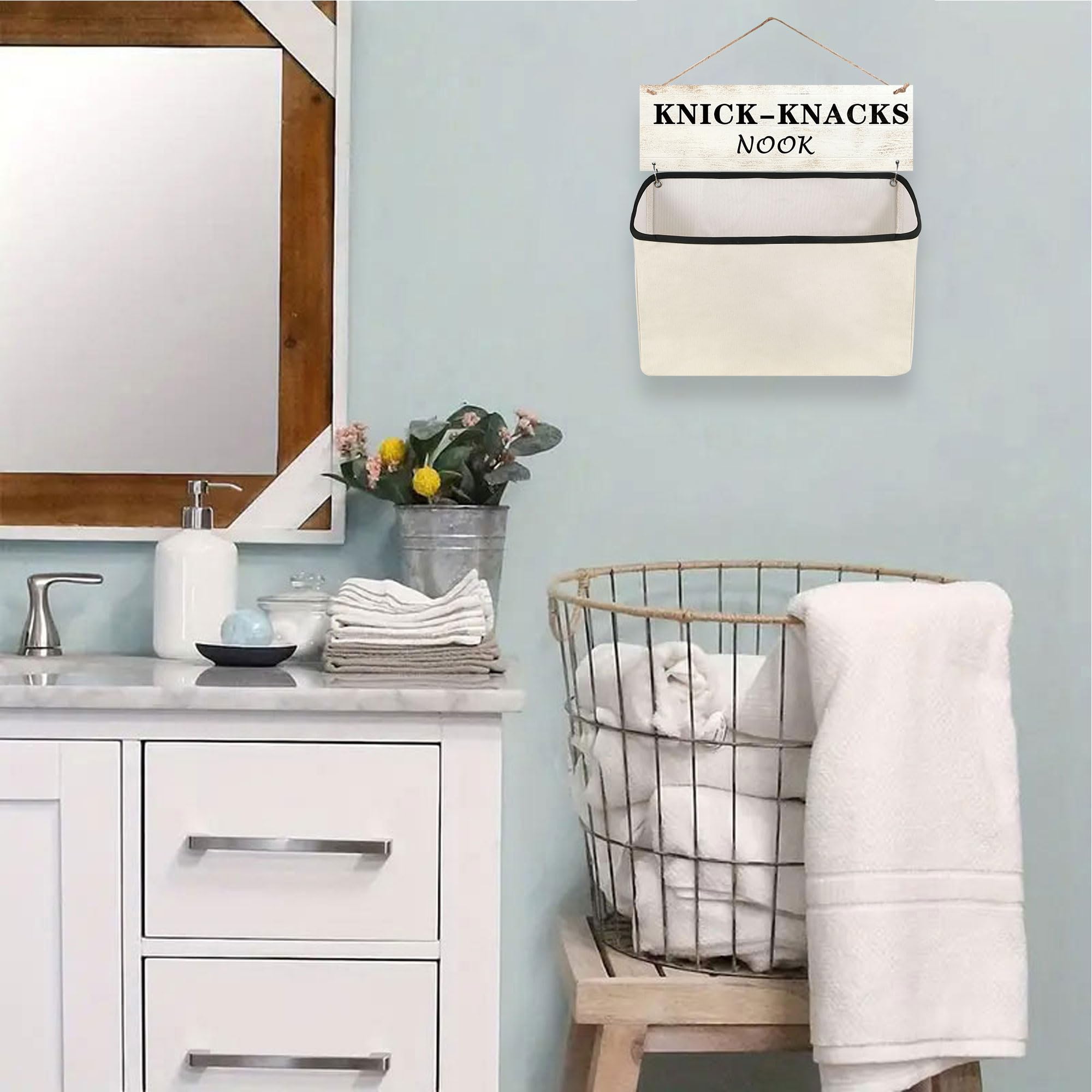 Funny Wooden Laundry Room Sign & Wall-Hanging Sock Storage Bag - Single Canvas Basket for Lost Sock Organization - Perfect for Laundry Decor & Small Space Storage Solutions (KNICK-KNACKS NOOK)
