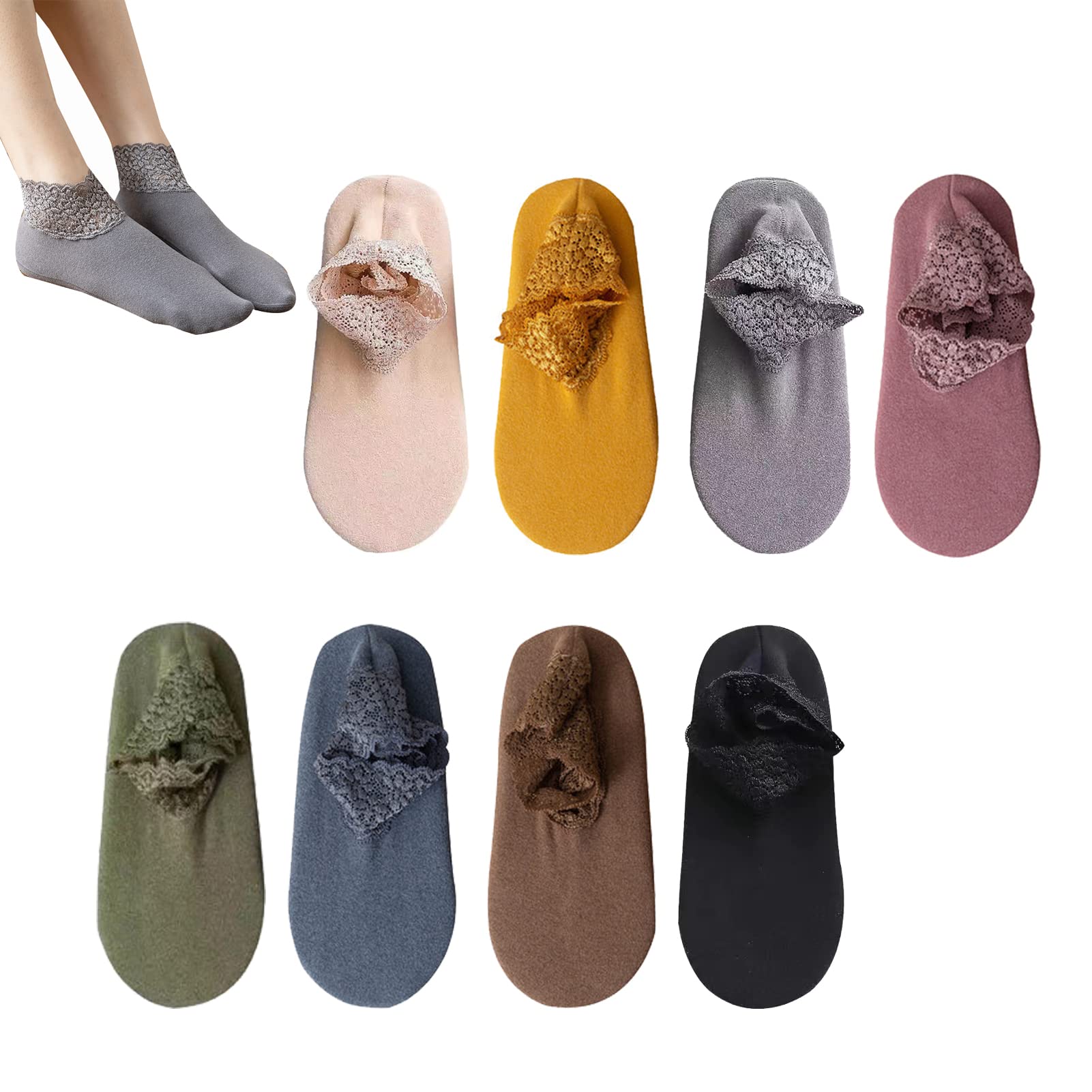 Women's Lace Ankle Socks - 8 Pairs Soft Knit Cotton Ruffled Socks, Warm Non-Slip Thick Lace Socks for Everyday Wear, Home, Office & Gifts