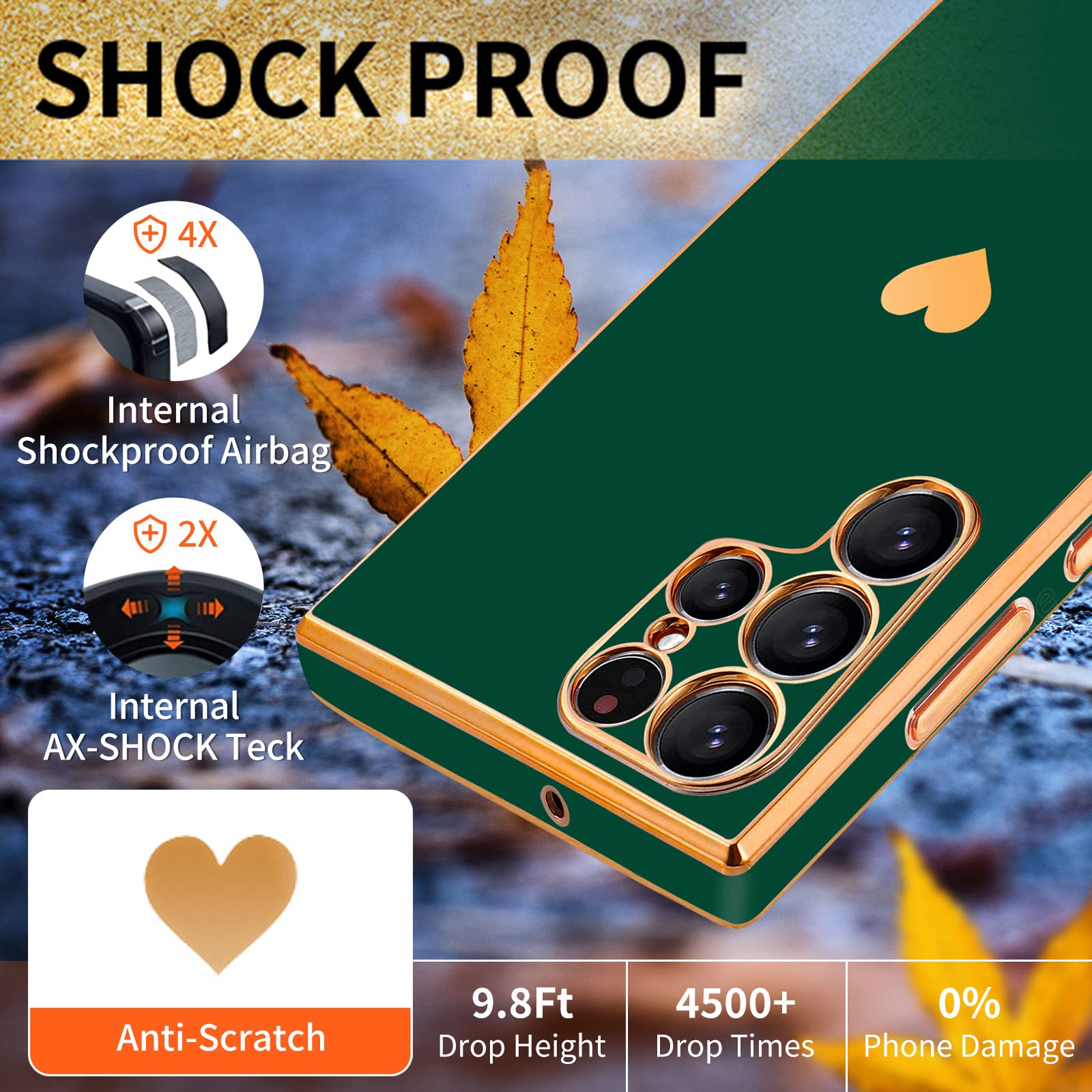 3-in-1 Heart Pattern Phone Case for Samsung Galaxy S22 Ultra - Cute Aesthetic Love Design with Screen Protector & Chain (Black/Gold/Green) - Perfect Gift for Women & Girls | Trendy Protective Cover for Daily Use, Work & Travel