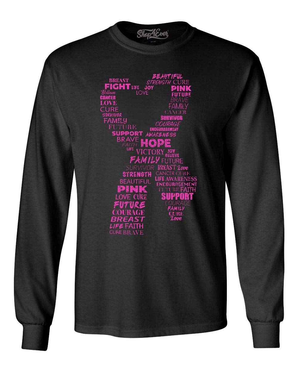 Pink Heart Ribbon Breast Cancer Awareness Long Sleeve Shirt - Word Cloud Design - Support Survivors & Fighters - Perfect for Fundraisers, Walks & Awareness Events