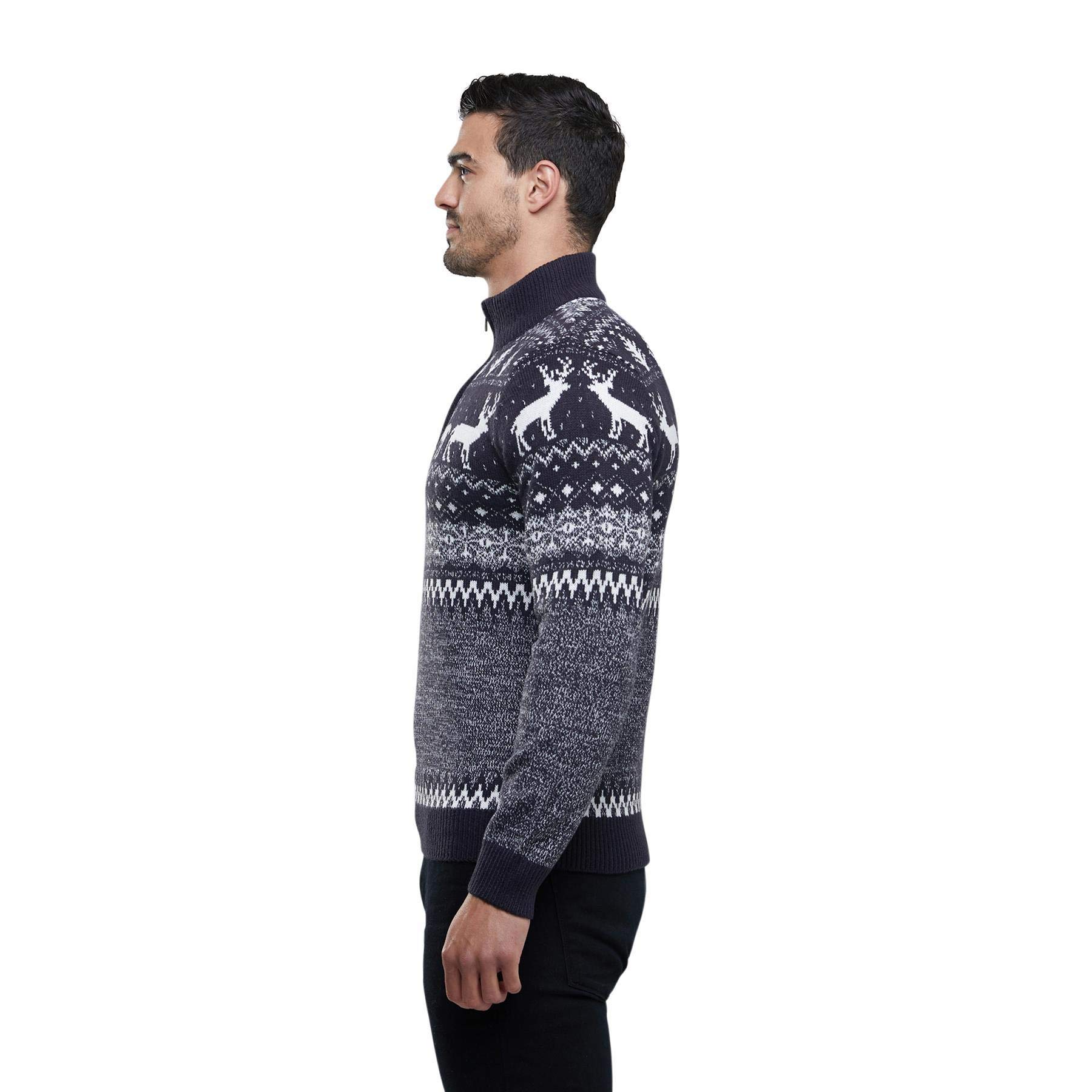 Men's Reindeer Twist Zip Funnel Neck Christmas Sweater - Festive Holiday Pullover for Xmas Parties & Family Gatherings