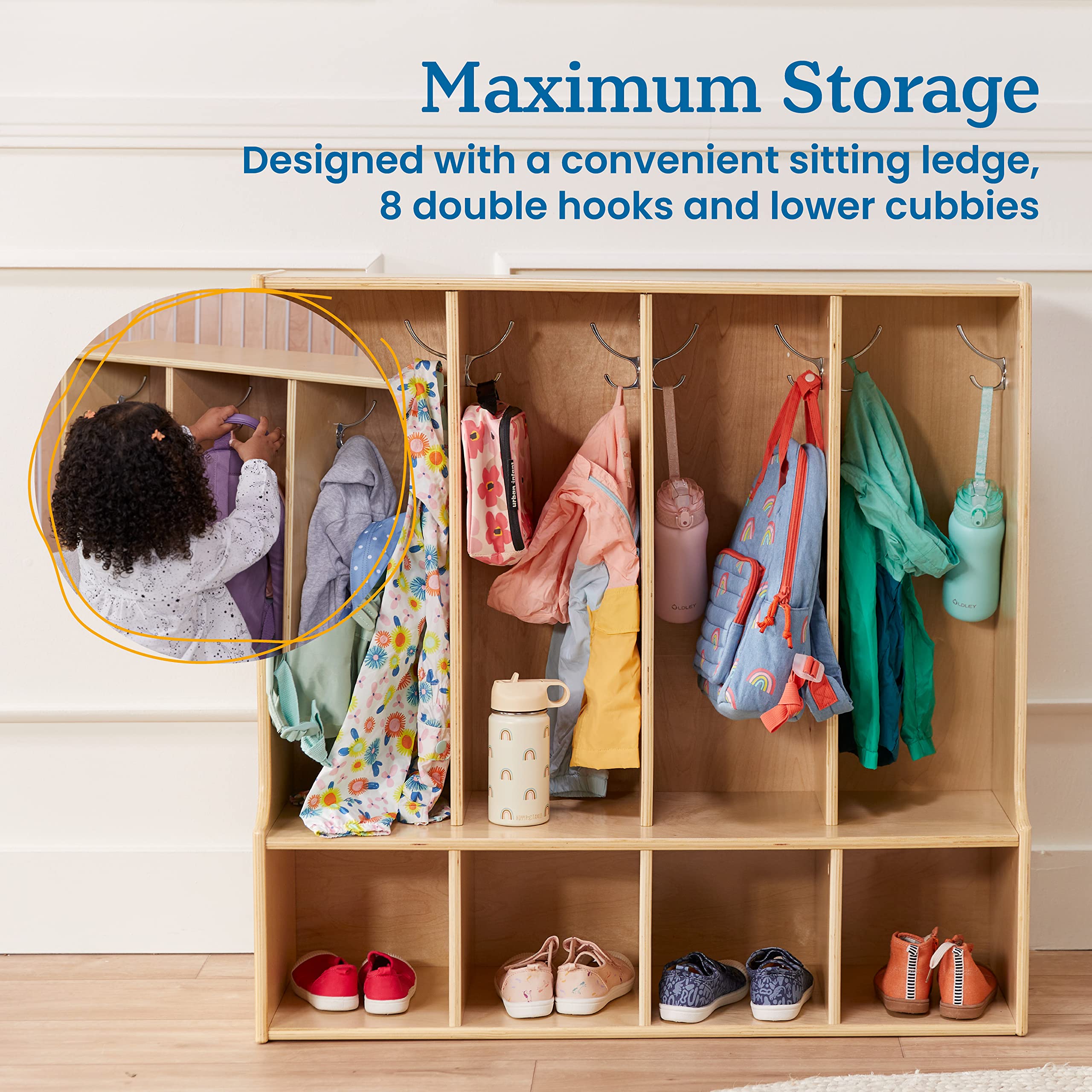 ECR4Kids Streamline 4-Section Coat Locker with Bench - Natural Wood Toddler-Sized Storage Furniture for Daycare, Preschool & Home Entryway Organization