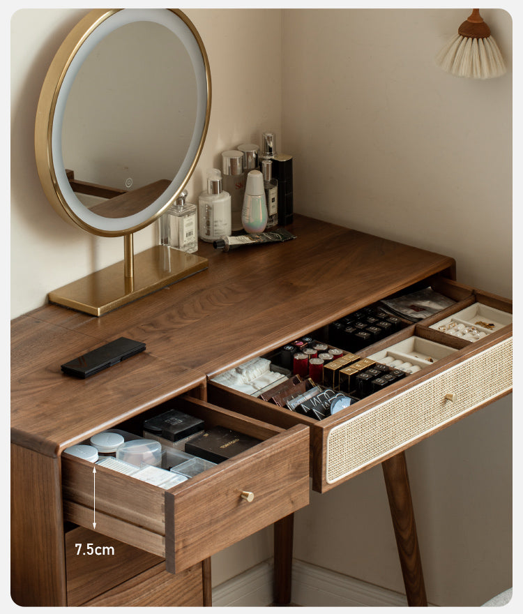 Premium Black Walnut Solid Wood Rattan Vanity Dressing Table - Elegant Makeup Desk with Mirror for Bedroom, Bathroom & Boudoir Organization