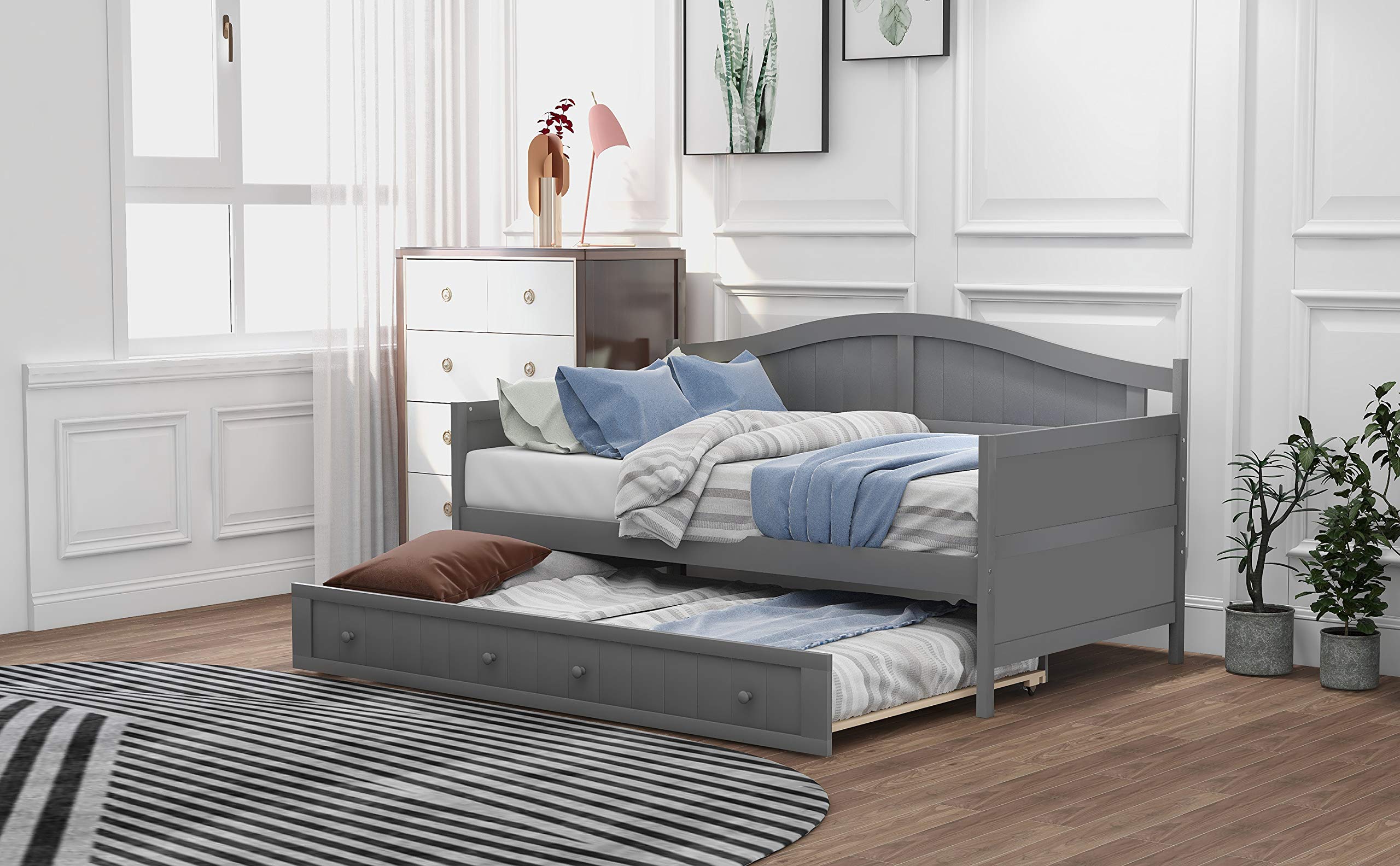 ADVOA Twin Wooden Daybed with Trundle Bed - Convertible Sofa Bed for Guest Room, Living Room & Small Spaces - Gray - Perfect for Sleepovers, Home Office & Space-Saving Solutions