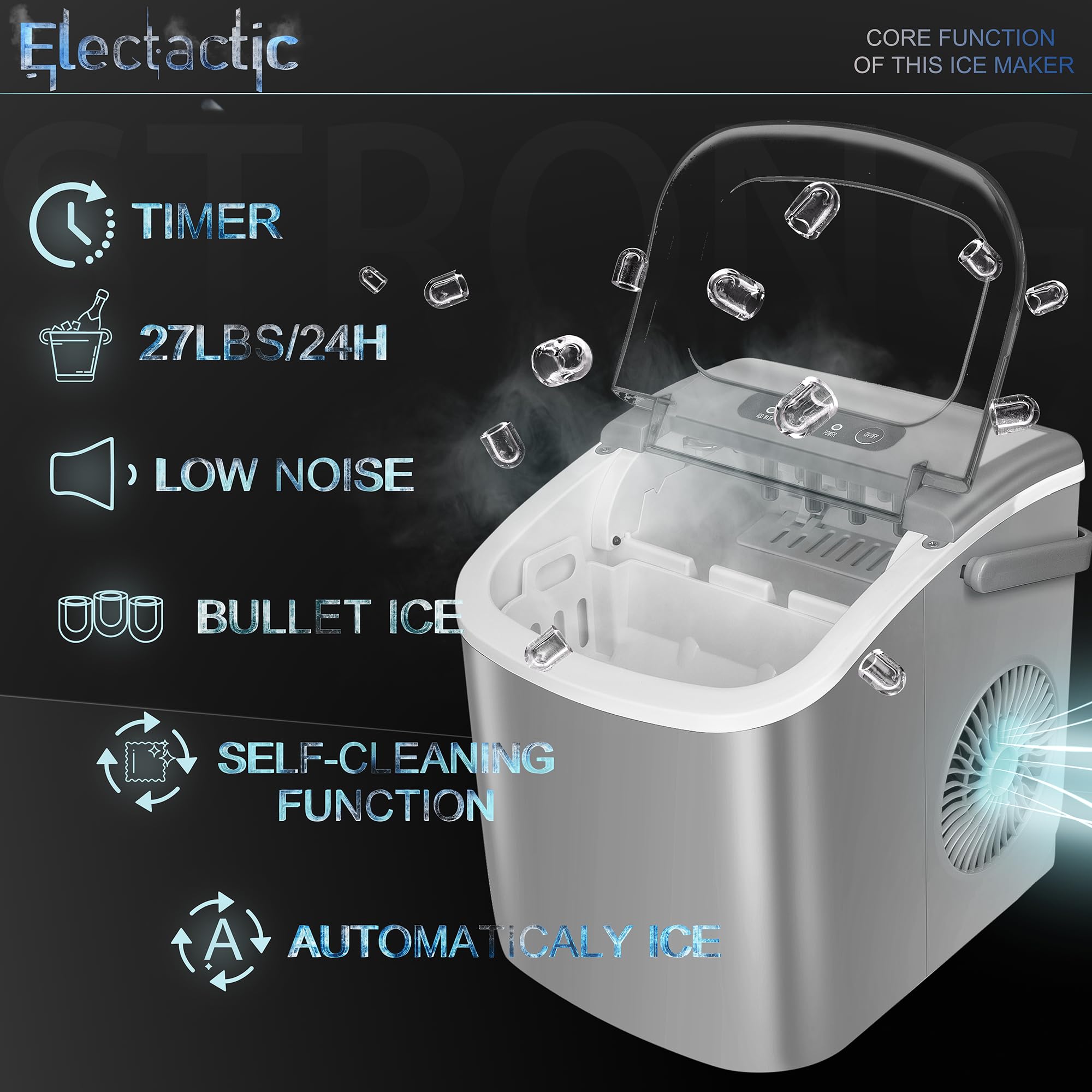 Portable Countertop Ice Maker - 26.6Lbs/Day, 9 Cubes in 8 Minutes, Self-Cleaning with Ice Scoop & Basket - Compact & Efficient for Home, Office, Kitchen (Grey) - Perfect for Parties, Drinks & Small Spaces