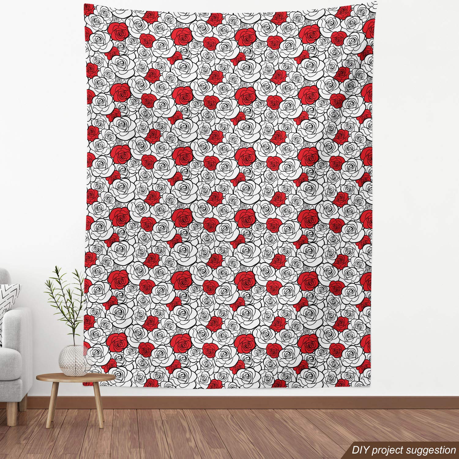 Ambesonne Romantic Roses Simplicity Love Blossoms Valentines Day Print Fabric by The Yard - 10 Yards Vermilion Black White Upholstery & Home Decor Fabric for DIY Projects, Curtains, Pillows, Table Runners & Crafting