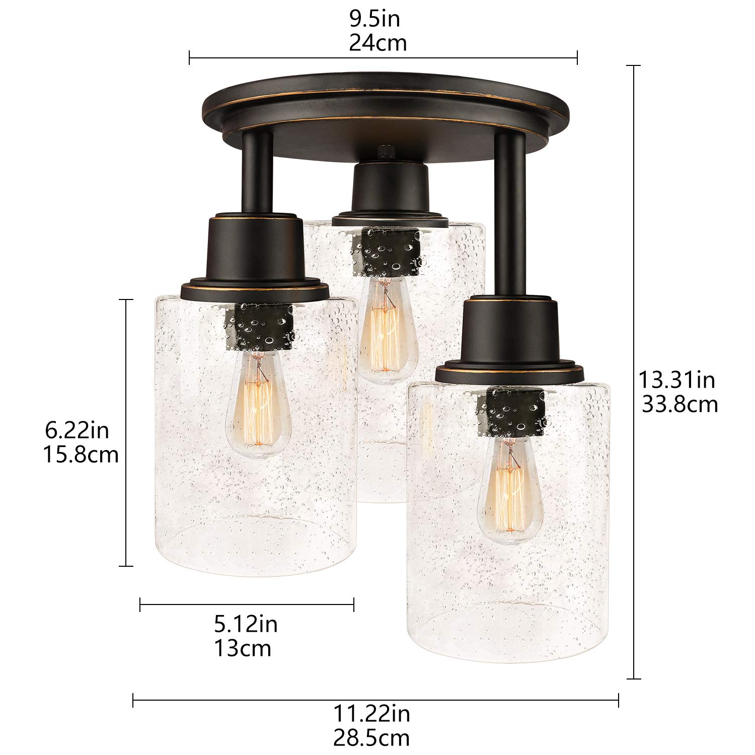 Vintage Oil-Rubbed Bronze Semi Flush Mount Ceiling Light Fixture - 3-Light Close to Ceiling Chandelier with Clear Seeded Glass Shade - Perfect for Stairs, Porch, Hallway, Entryway, Kitchen, Dining Room and Bedroom Lighting