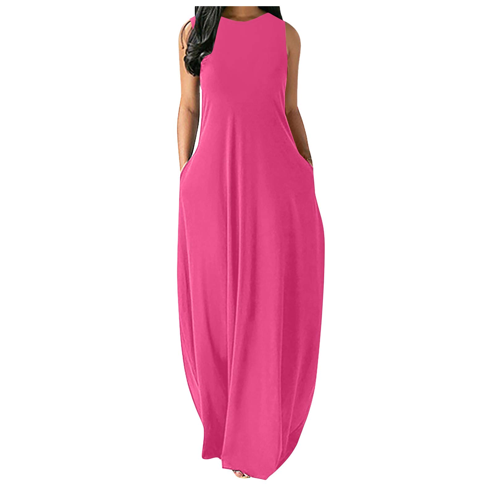 Kaideny Women's Casual Maxi Dress - Plain V Neck Sleeveless Plus Size Cami Dress with Pockets | Summer Beach Wear, Vacation Outfit, Boho Chic Style
