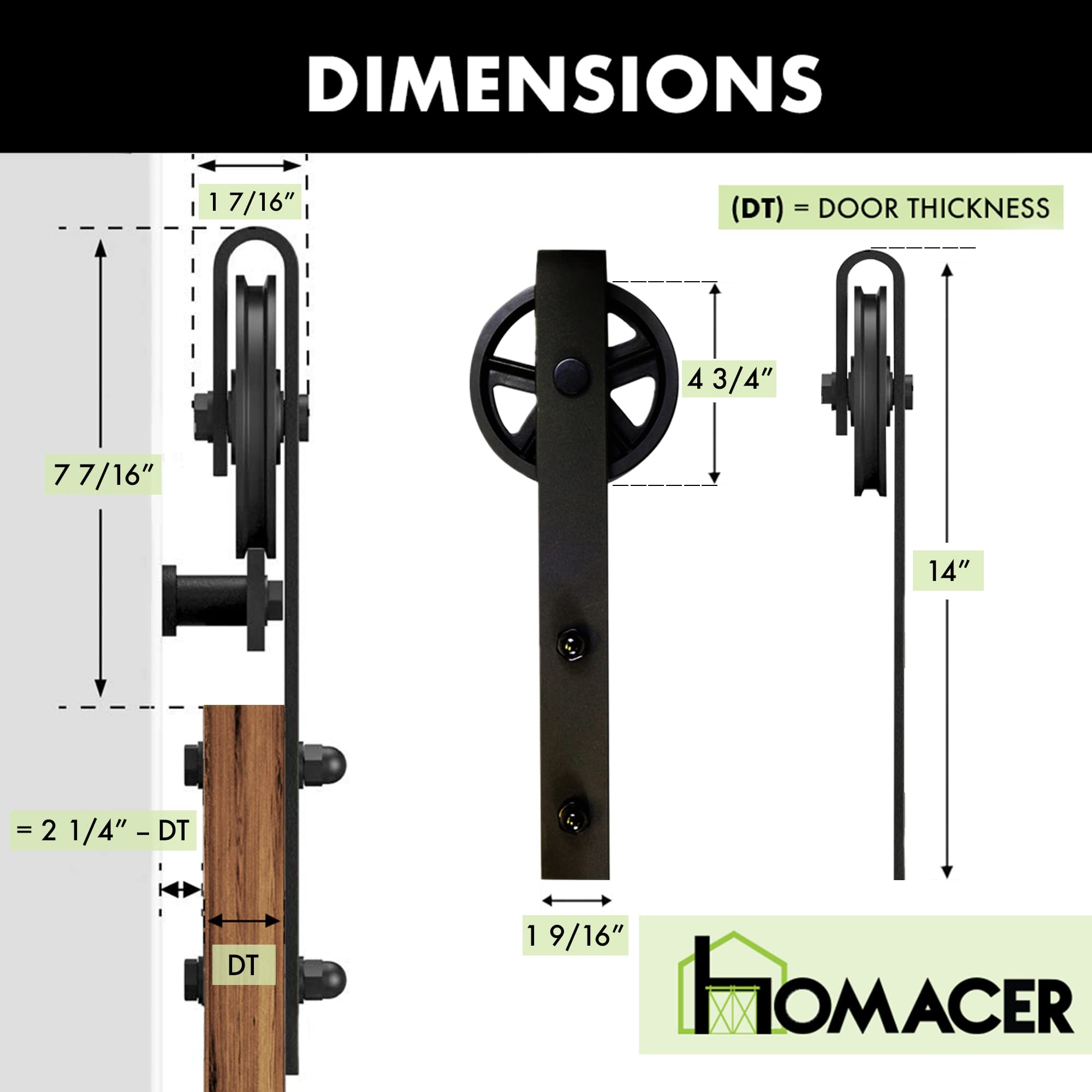 Homacer Black Rustic Roller Set - 2 Rollers with Hardware & Door Stoppers for Smooth Sliding Doors