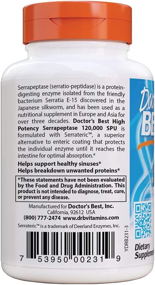 Doctor's Best High Potency Serrapeptase 120,000 SPU - 90 Vegetarian Capsules for Joint Support & Inflammation Relief | Supports Healthy Circulation & Respiratory Function