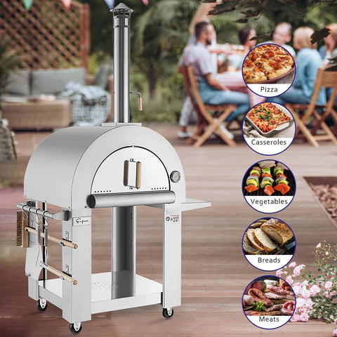 Empava Stainless Steel Outdoor Wood Fired Pizza Oven with Collapsible Side Table (PG05) - Perfect for Backyard BBQs, Patio Parties & Authentic Italian Pizza Making