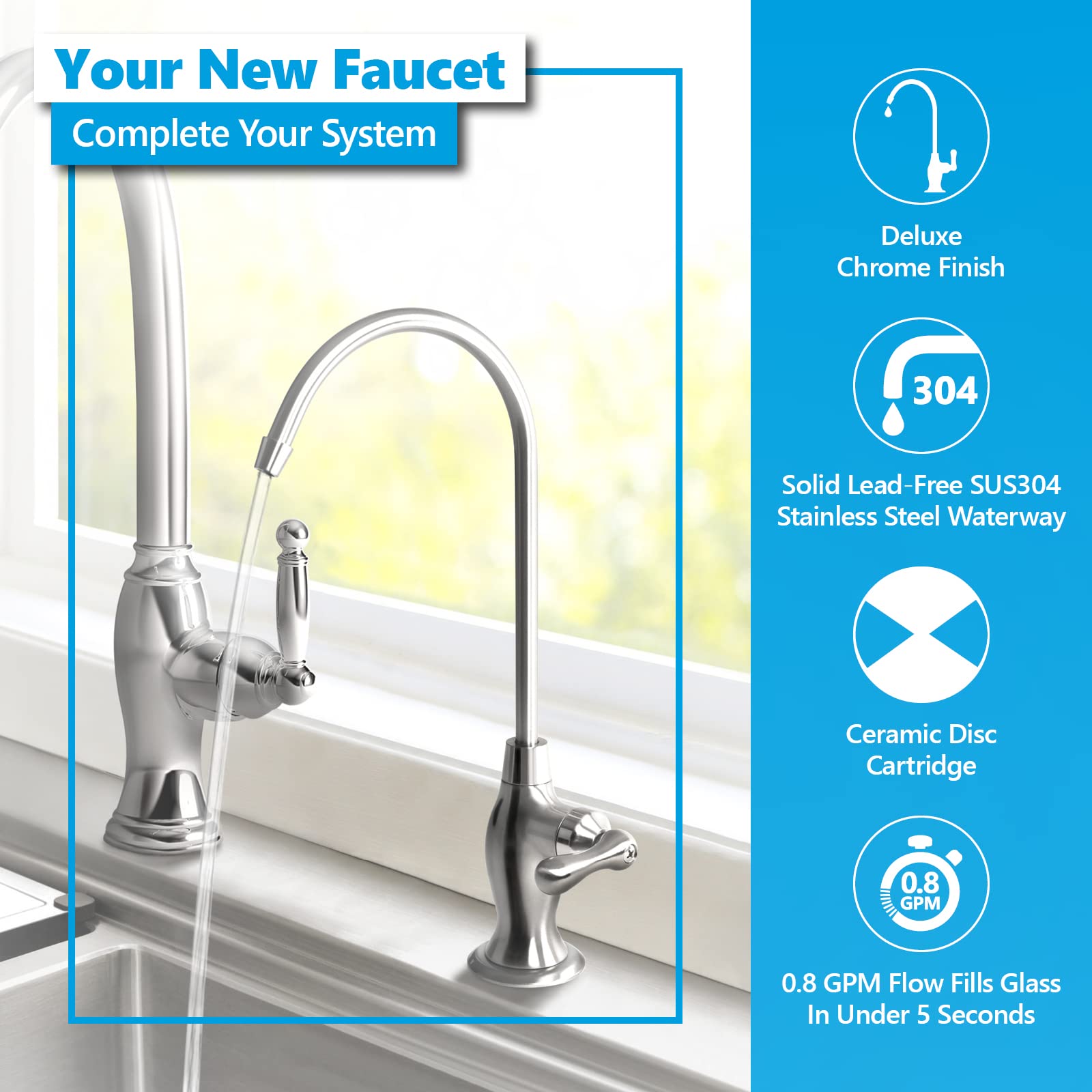 Express Water Deluxe Chrome Coke-Shaped Faucet - 100% Lead-Free Drinking Water Filter Faucet for Reverse Osmosis Systems - Perfect for Kitchen Sink, Under Sink & Countertop Water Filtration