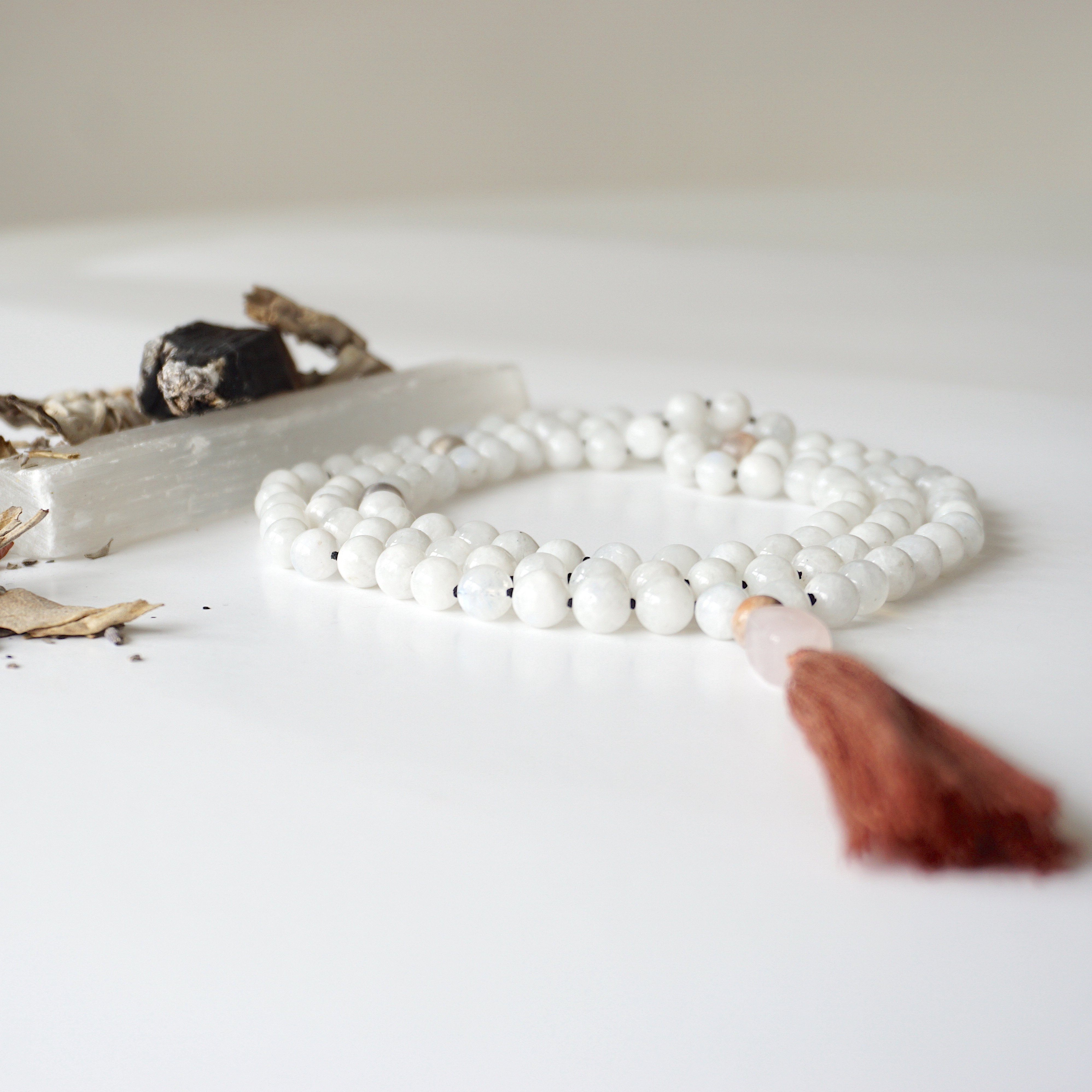 Moonstone and Rose Quartz Mala Necklace - Healing Crystal Beads for Meditation, Yoga & Spiritual Balance | Perfect for Mindfulness Practice & Stress Relief