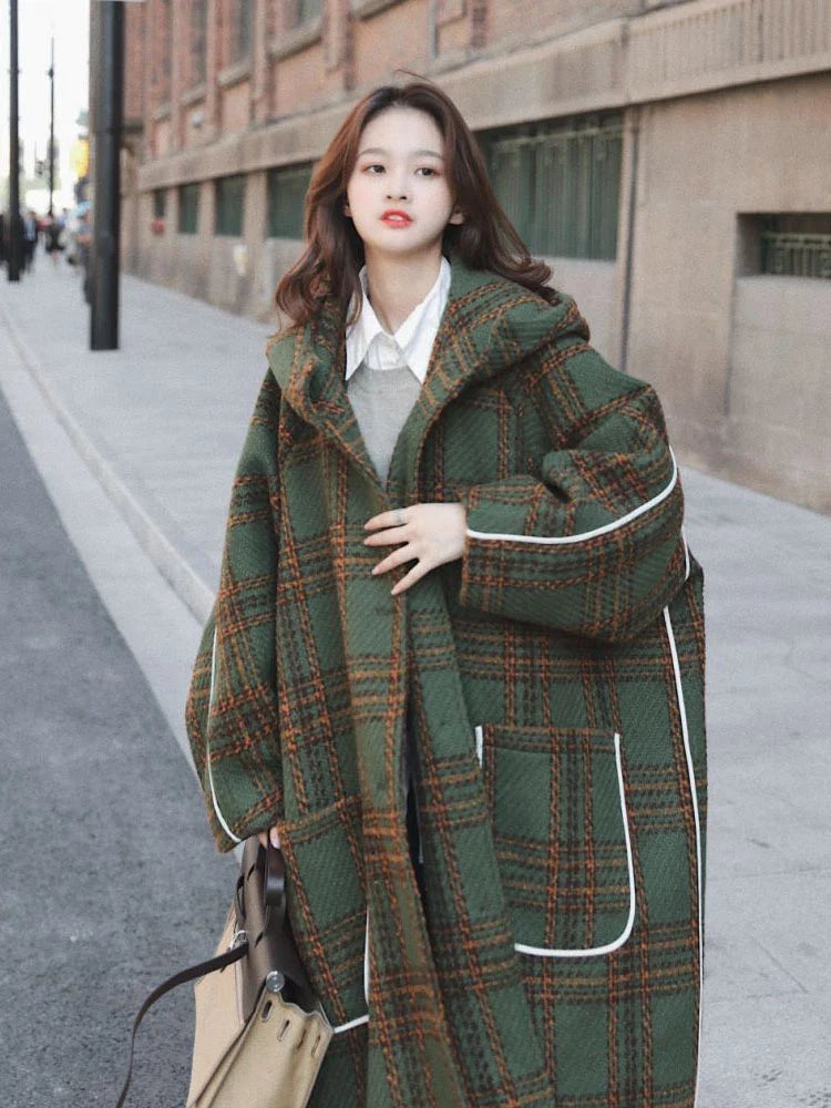 Women's Oversized Long Wool Blend Trench Coat with Hood - Warm Plaid Patchwork Design for Autumn Winter | Korean Fashion Runway Style | Perfect for Casual Outings, Office Wear & Cold Weather