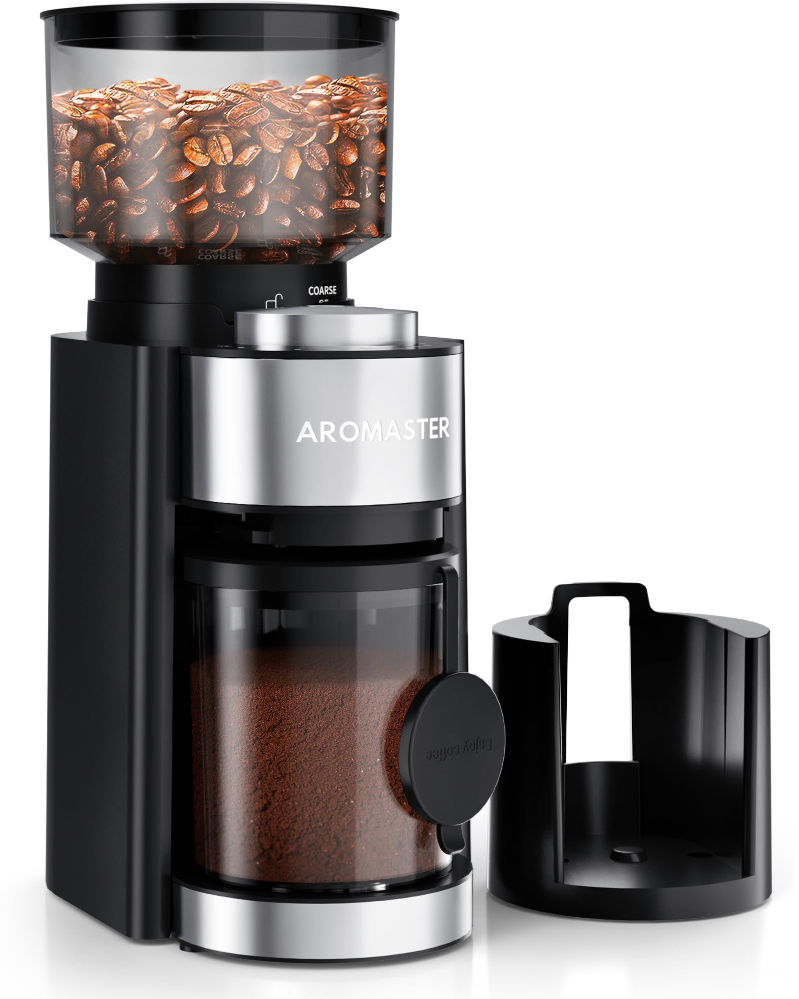 Aromaster Electric Conical Burr Coffee Grinder - 25 Precise Grind Settings, Adjustable Timer for 2-12 Cups, 3-Ear Portafilter Holder & Cleaning Brush Included - Perfect for Home Brewing Espresso, French Press, and Drip Coffee (Black)