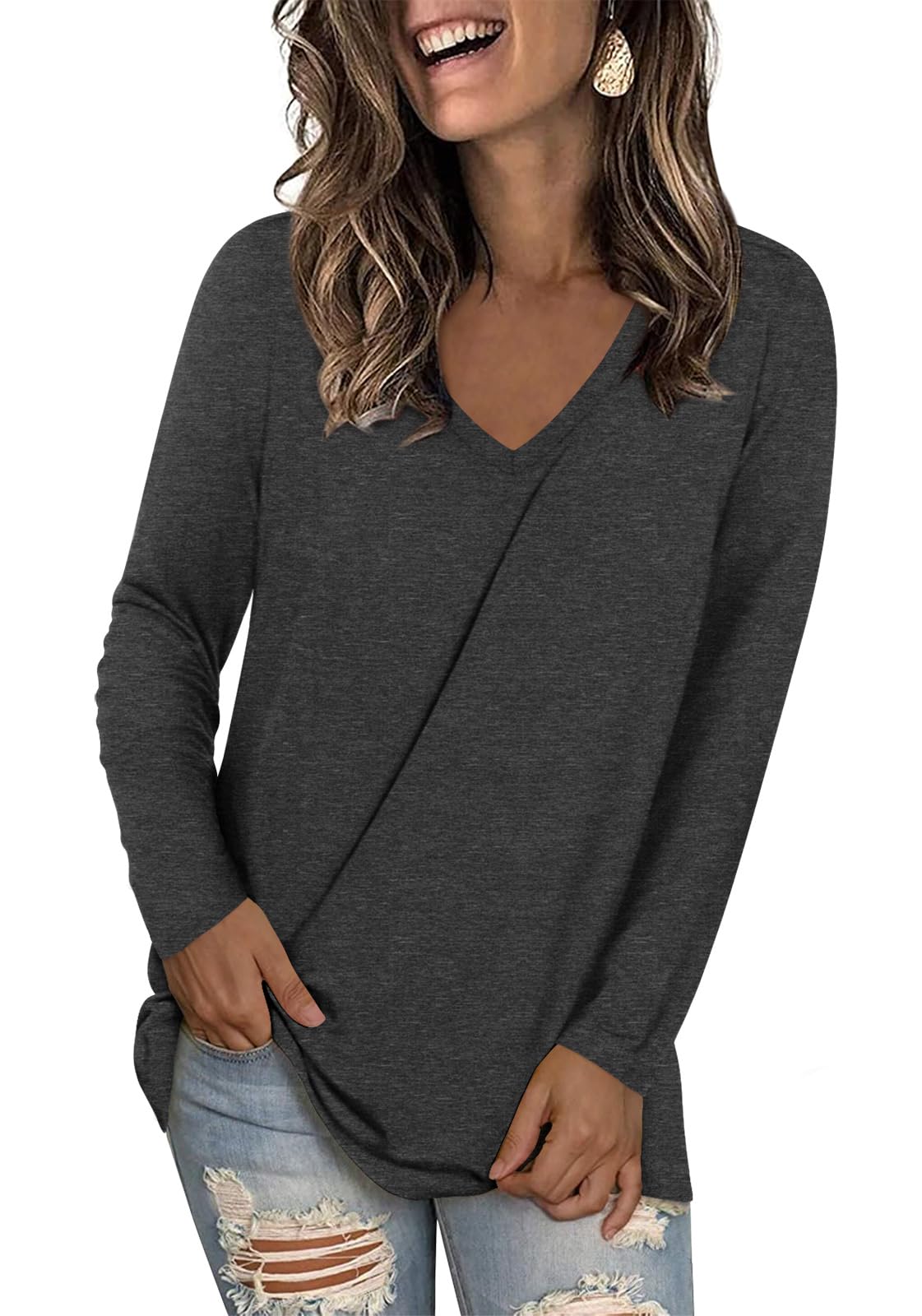 LONGYUAN Women's Long Sleeve V-Neck Blouse - Loose Fit Casual Tunic Top for 2025 | Trendy Basic Shirt for Work, Office & Everyday Wear