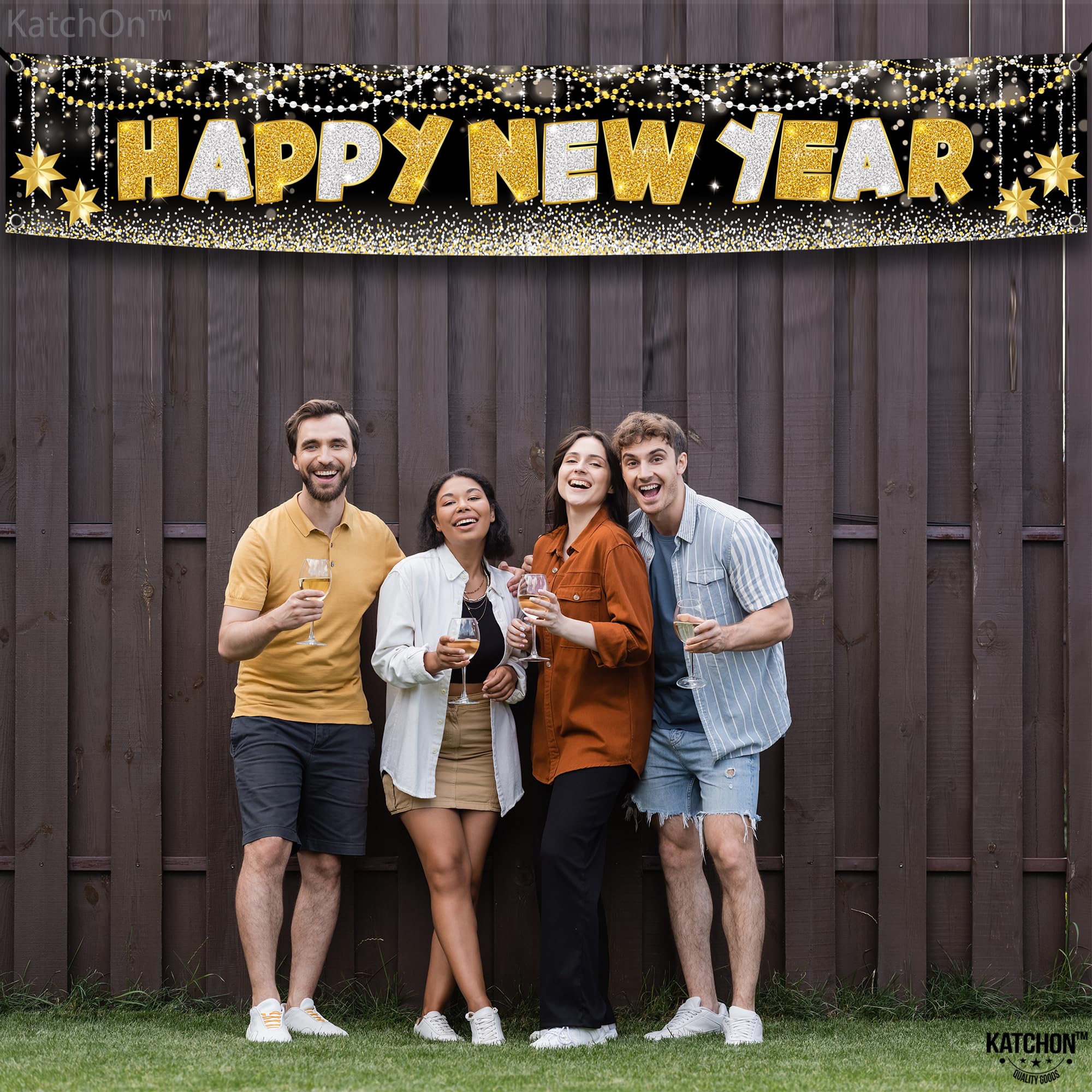 KatchOn 2025 Happy New Year Banner - Extra Large 120x20 Inch NYE Yard Sign | Outdoor & Indoor New Year's Eve Party Decorations 2025 | Durable Vinyl New Years Banner for Backyard, Front Lawn & NYE Party Supplies | Perfect for Home, Office & Holiday Celebrations
