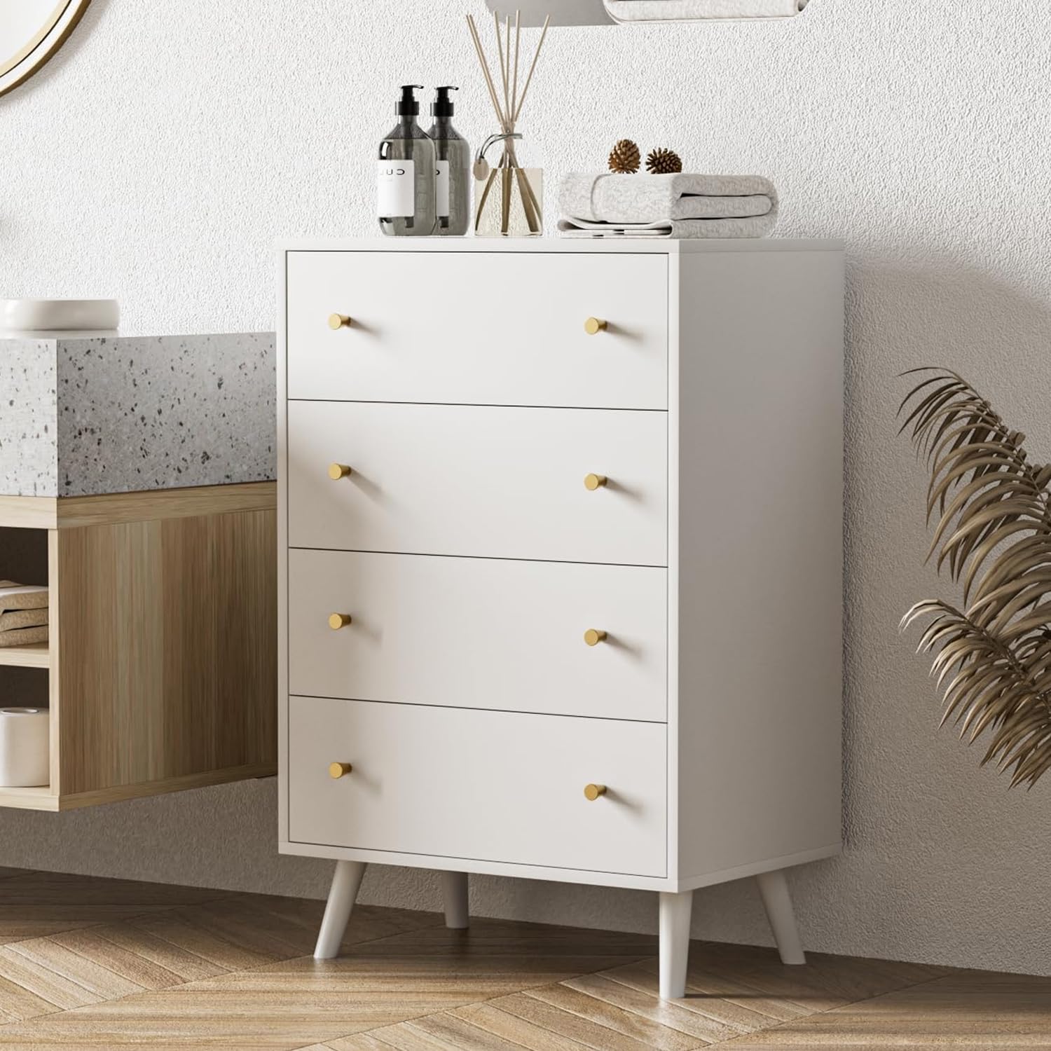 Modern White Dresser with 4 Drawers & Gold Handles - Stylish Chest of Drawers for Bedroom Organization - Perfect for Master Bedroom, Guest Room & Nursery Storage