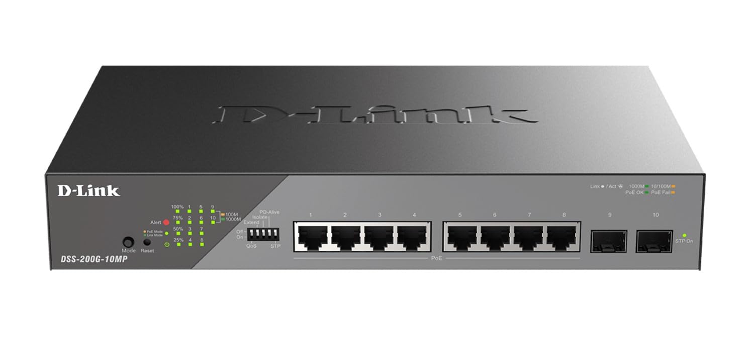 D-Link DSS-200G-10MP 10-Port Gigabit PoE+ Switch - 8 PoE Ports (130W), 2 SFP Ports, Smart-Managed for Office Network & IP Camera Systems