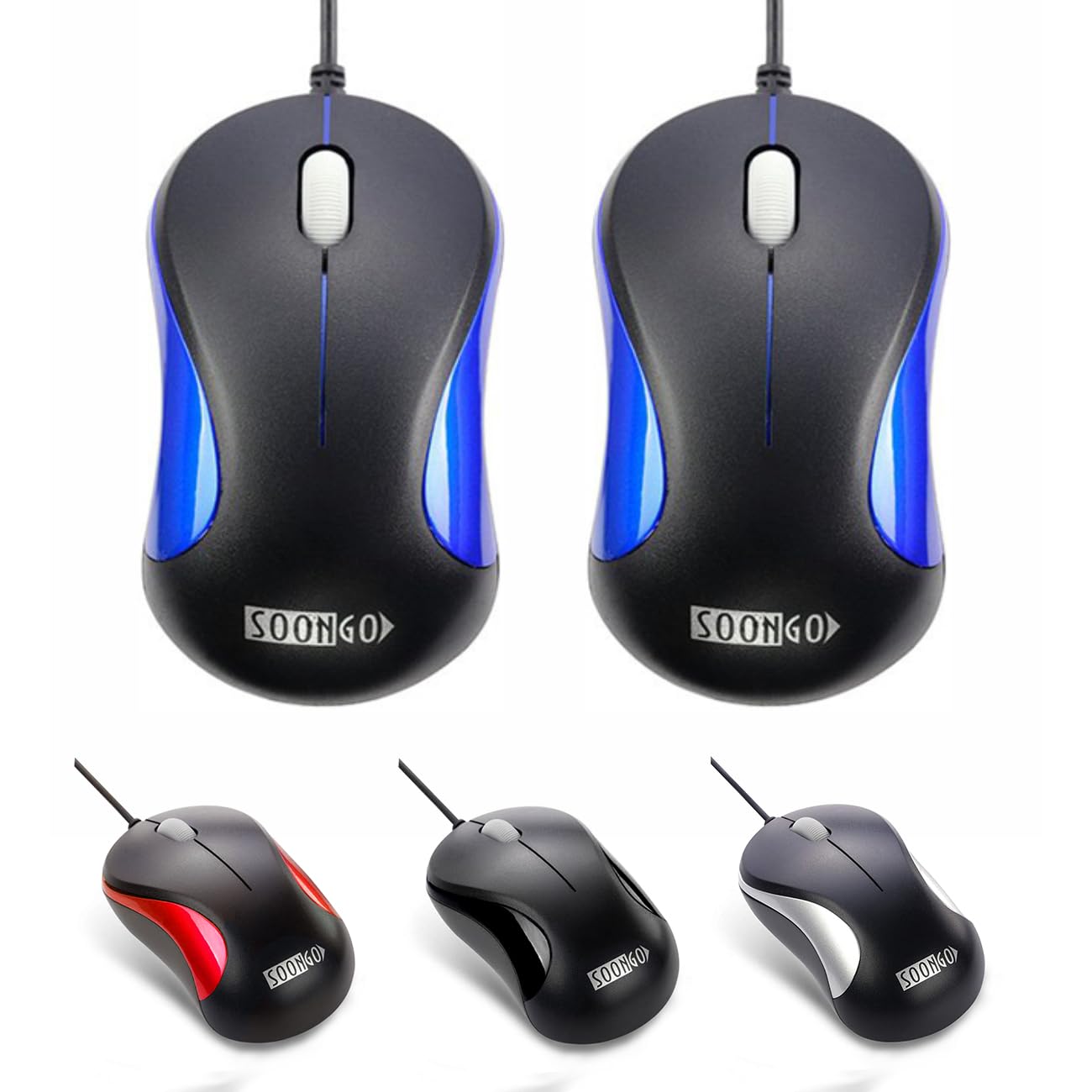 2 Pack USB Wired Optical Mouse for PC Laptop Desktop - Compatible with Windows 7/8/10/11/XP Vista & Mac OS - Ergonomic Design for Office Work, Home Use & Gaming (Blue) by SOONGO