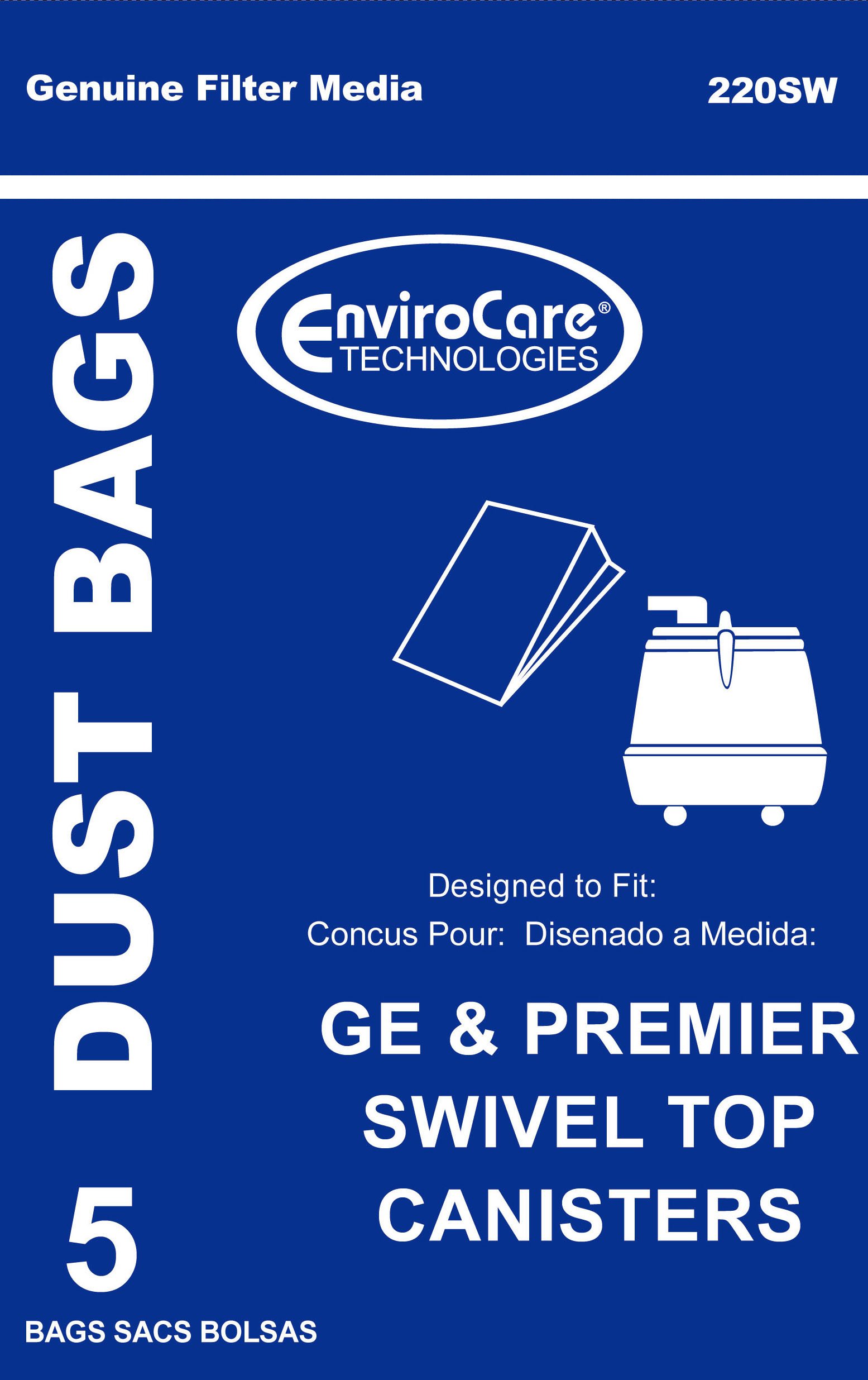 EnviroCare Replacement Vacuum Cleaner Dust Bags - 5 Pack Compatible with GE, Premier, Whirlwind & Everclean Swivel Top Canister Vacuums | HEPA Filter Bags for Allergen Reduction | Ideal for Home Cleaning, Pet Hair Removal & Allergy Sufferers