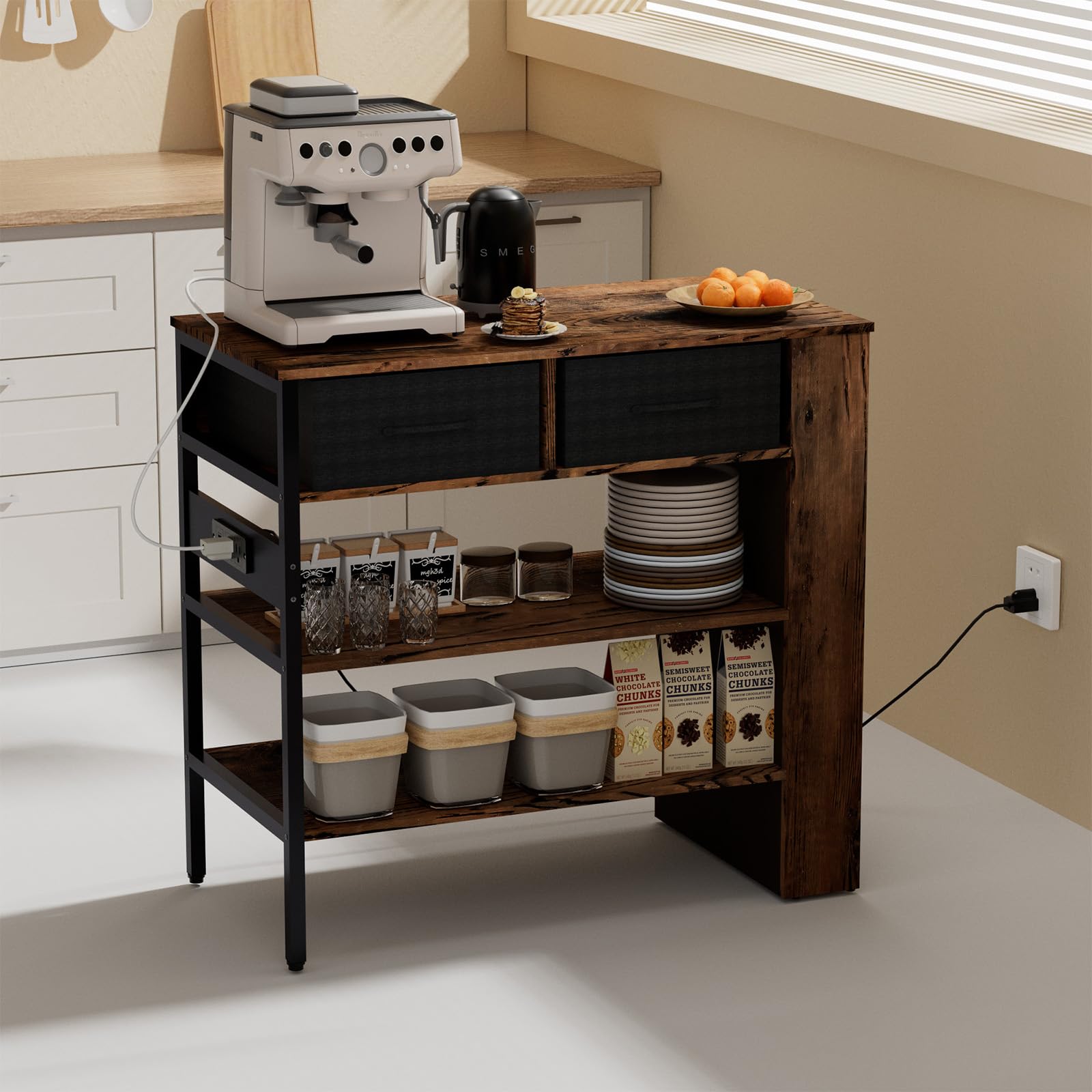Modern Kitchen Island with Open Storage Shelves & Power Outlet - Rustic Brown Bar Table with Spice Rack | Perfect for Small Kitchens, Breakfast Nooks & Entertaining Guests