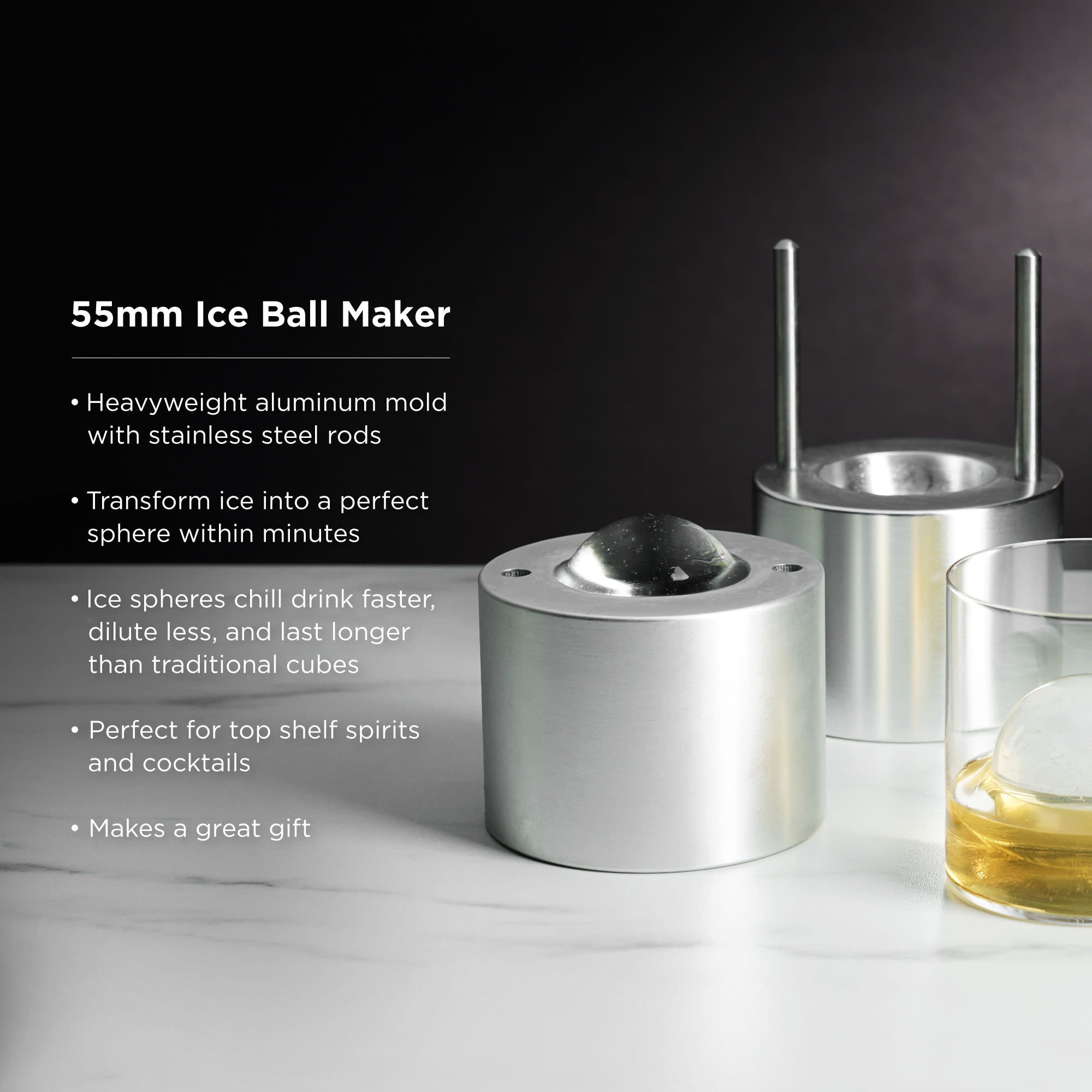 Premium 55mm Glacier Ice Ball Molds - Perfect for Whiskey, Cocktails & Chilling Drinks in Style