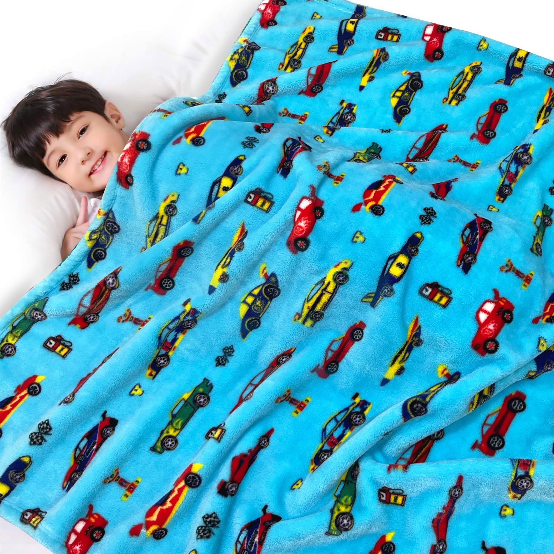 Lukeight Soft Plush Toddler Blanket for Boys & Girls - 50x60 Inch Thick Baby Blanket for Crib, Stroller, Travel - Perfect Baby Shower Gift & Birthday Present for Infants & Teens (Race Car Design) - Great for Nursery, Daycare, Car Seat & Snuggling