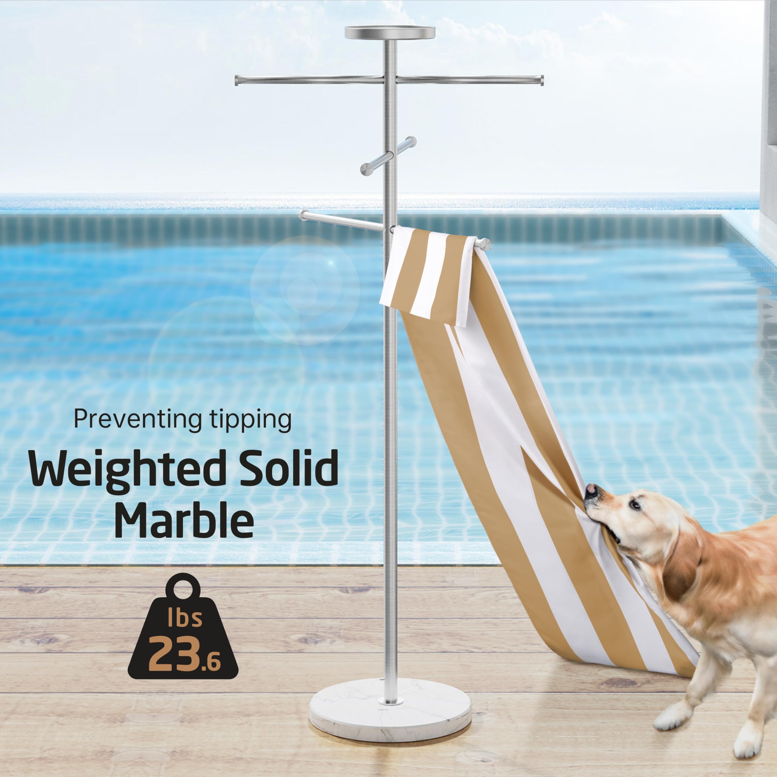 Premium 5-Ft Stainless Steel Outdoor Towel Rack with Weighted Base - Adjustable 3-Arm Design & Storage Tray - Brushed 18/8 Stainless Steel - Perfect for Poolside, Hot Tub, Patio & Backyard Use