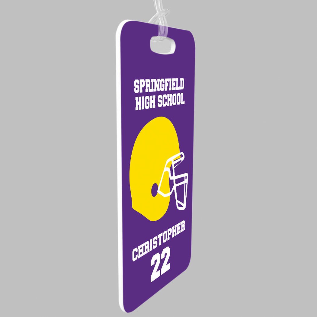 Personalized Football Team Helmet Luggage Tag - Large Purple & Yellow Baggage ID Tag with Standard Lines for Travel, Sports Events & Fan Gifts