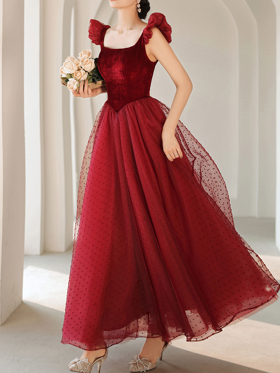 Elegant Burgundy A-Line Tea Length Prom Dress with Velvet - Perfect for Homecoming, Formal Dances & Special Occasions