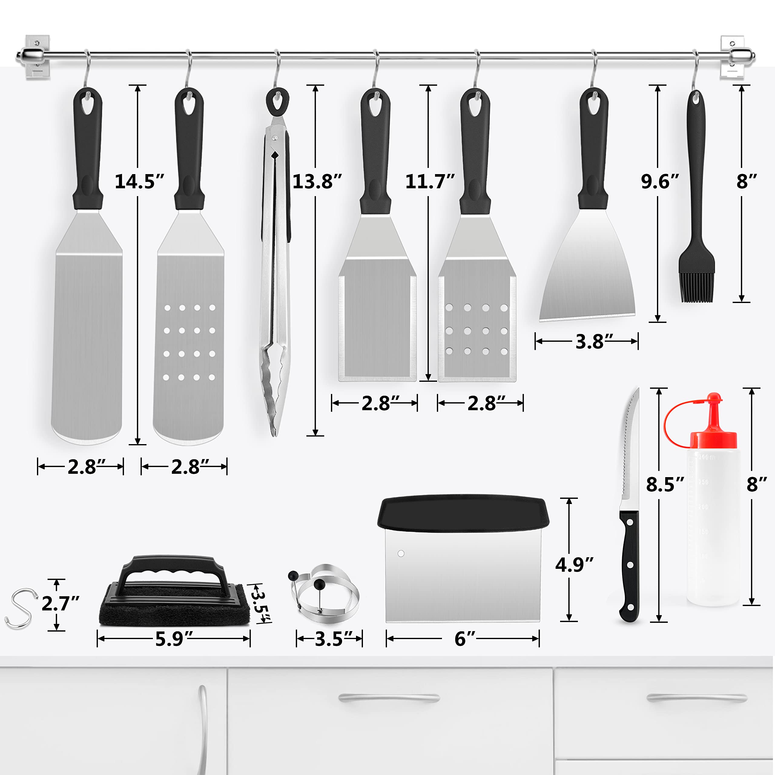 16-Piece Griddle Accessories Kit - HaSteeL Stainless Steel Teppanyaki Tools for Flat Top Grill, Hibachi & Camping BBQ | Heavy Duty Metal Spatulas, Chopper, Steak Knives, Squeeze Bottles & Carrying Bag | Easy to Clean & Durable | Perfect for Outdoor Cooking, Backyard Grilling & Camping Trips