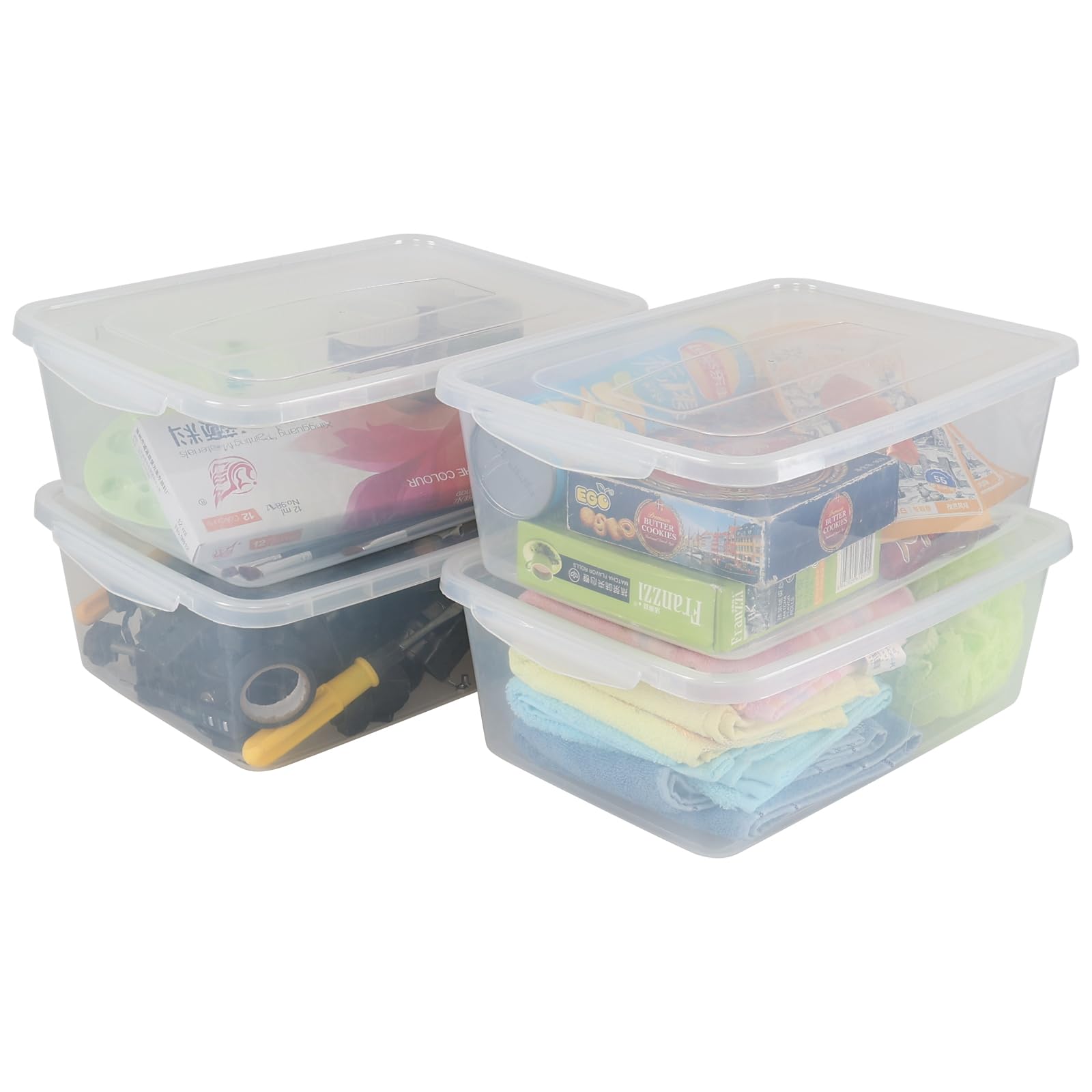 4-Pack 14L Clear Plastic Storage Bins with Secure Latching Lids - Stackable Organizer for Home, Office, and Garage Storage Solutions
