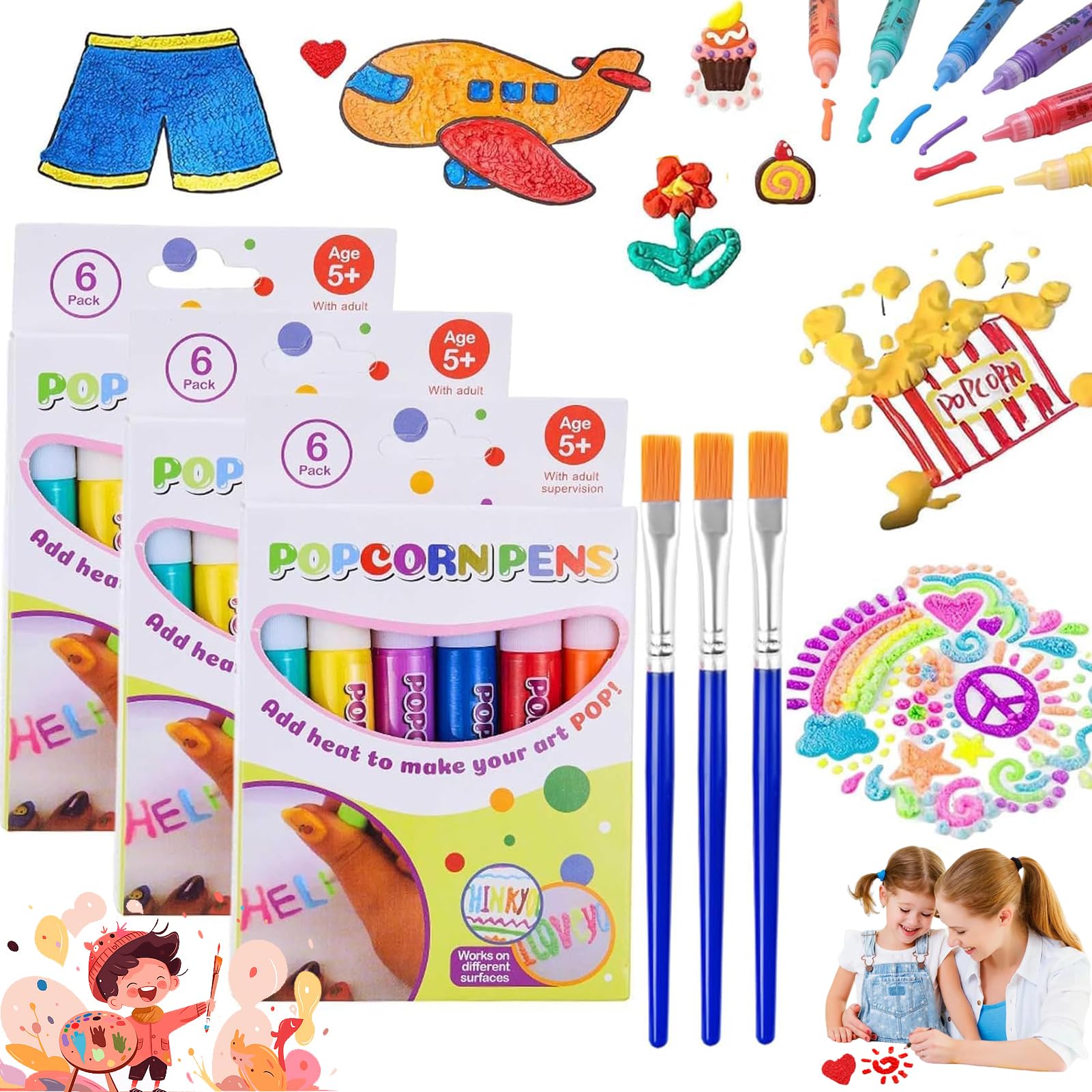 WIMISI DIY 3D Bubble Popcorn Drawing Pens - 18 Pack Magic Puffy Pens for Kids Arts & Crafts, Greeting Cards, Birthday Party Favors - Fun Creative Gift for Children's Art Projects & Classroom Activities