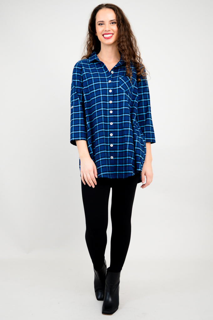 Celine Tunic - Blueberry Plaid Cotton Flannel Shirt for Women | Casual Fall & Winter Fashion | Perfect for Office, Date Night & Weekend Outings